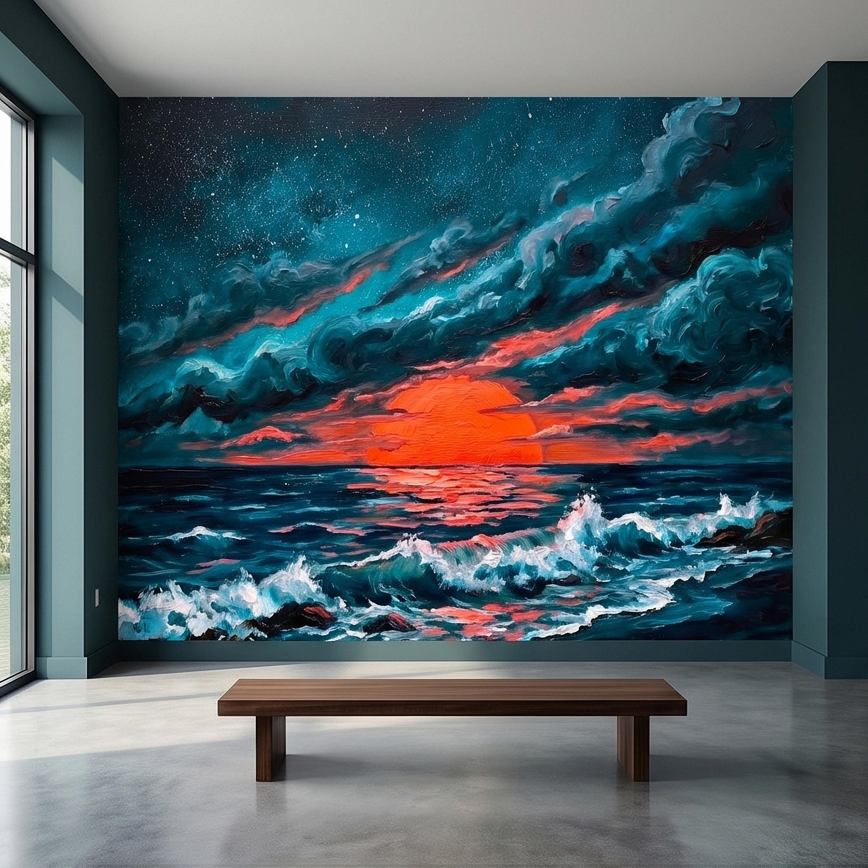 Dramatic Ocean Sunset Seascape Peel and Stick Wall Mural Teal Midnight Waves Moody Starry Sky Red Sun Horizon Oil Painting Coastal Wallpaper