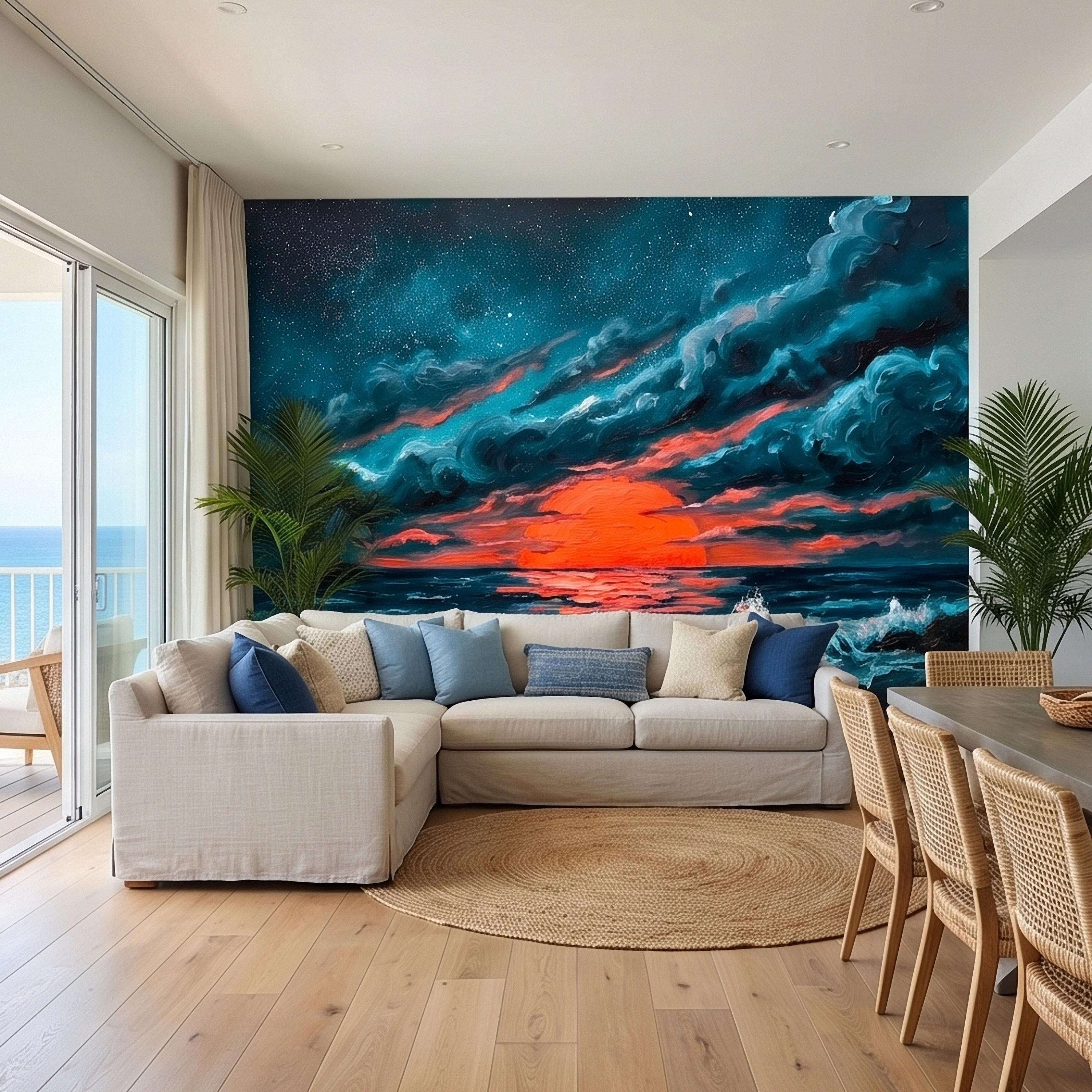 Dramatic Ocean Sunset Seascape Peel and Stick Wall Mural Teal Midnight Waves Moody Starry Sky Red Sun Horizon Oil Painting Coastal Wallpaper