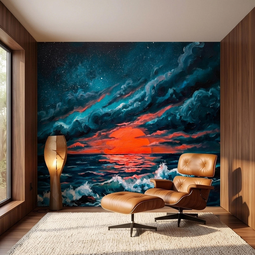 Dramatic Ocean Sunset Seascape Peel and Stick Wall Mural Teal Midnight Waves Moody Starry Sky Red Sun Horizon Oil Painting Coastal Wallpaper