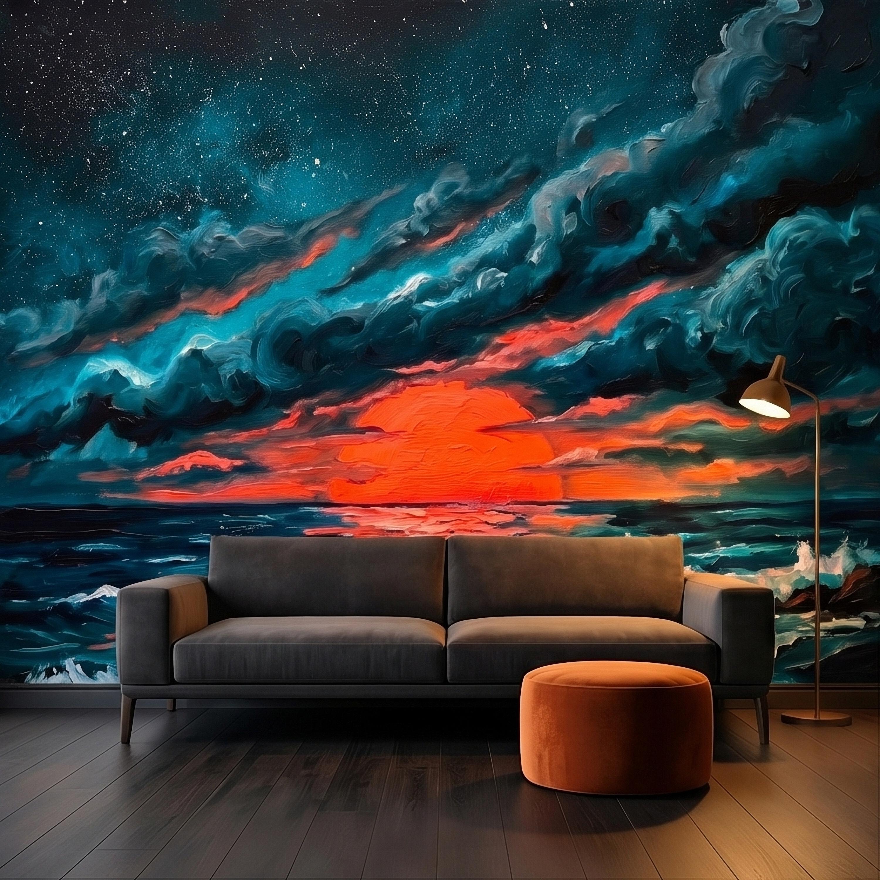 Dramatic Ocean Sunset Seascape Peel and Stick Wall Mural Teal Midnight Waves Moody Starry Sky Red Sun Horizon Oil Painting Coastal Wallpaper
