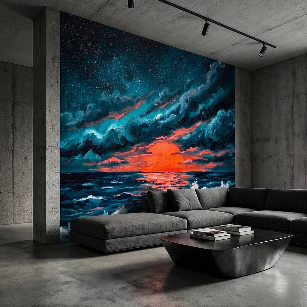 Dramatic Ocean Sunset Seascape Peel and Stick Wall Mural Teal Midnight Waves Moody Starry Sky Red Sun Horizon Oil Painting Coastal Wallpaper