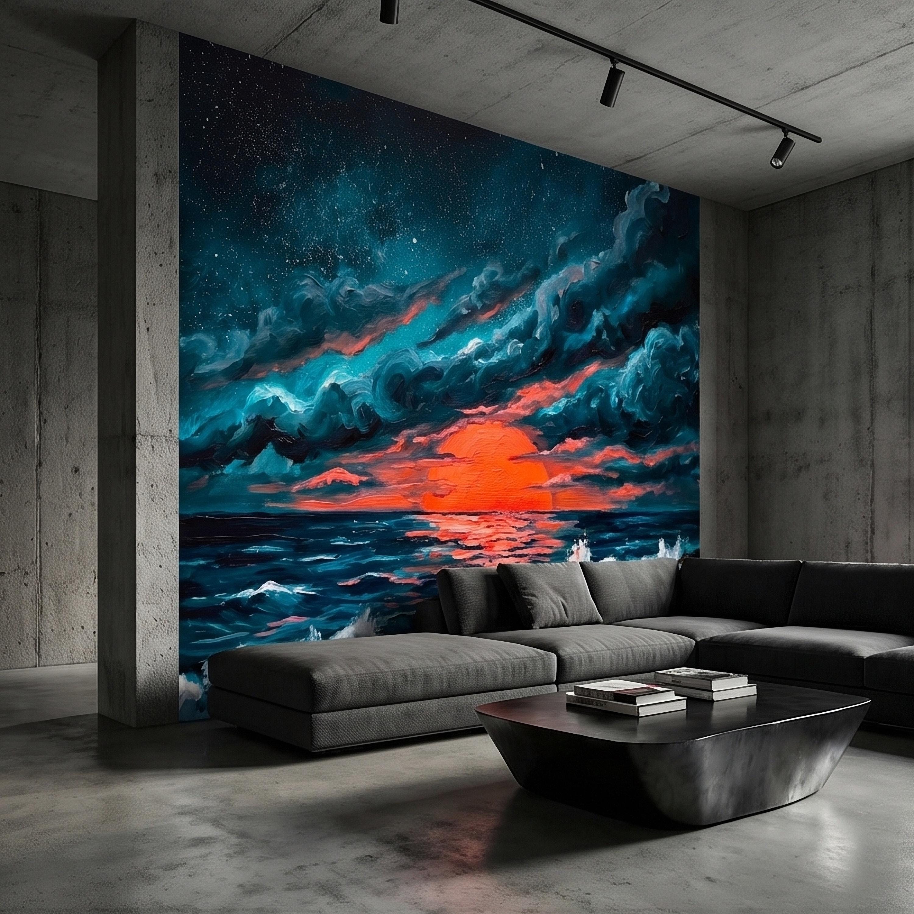 Dramatic Ocean Sunset Seascape Peel and Stick Wall Mural Teal Midnight Waves Moody Starry Sky Red Sun Horizon Oil Painting Coastal Wallpaper