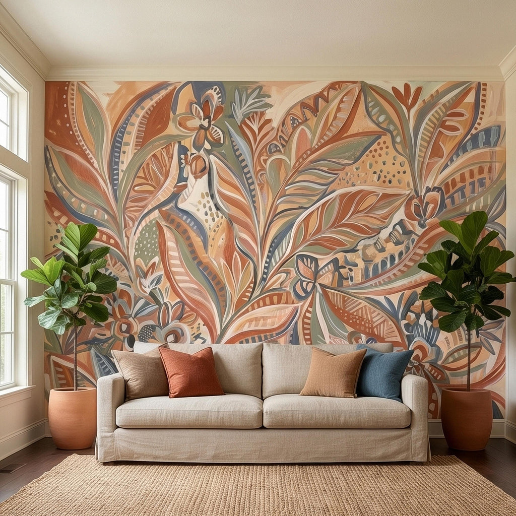 Boho Abstract Botanical Peel and Stick Wall Mural, Terracotta Sage Blush Tropical Leaves Floral Pattern Modern Earthy Hand Painted Wallpaper
