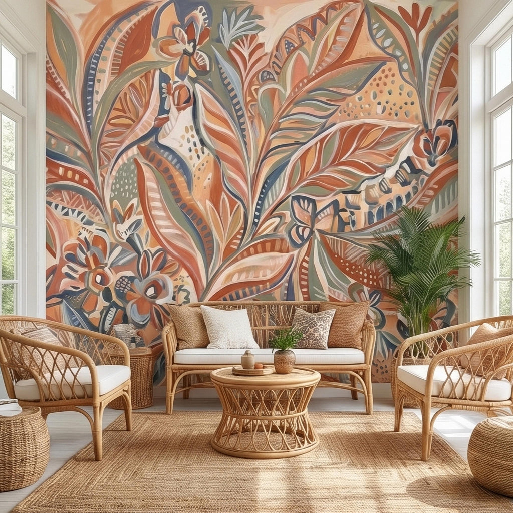 Boho Abstract Botanical Peel and Stick Wall Mural, Terracotta Sage Blush Tropical Leaves Floral Pattern Modern Earthy Hand Painted Wallpaper