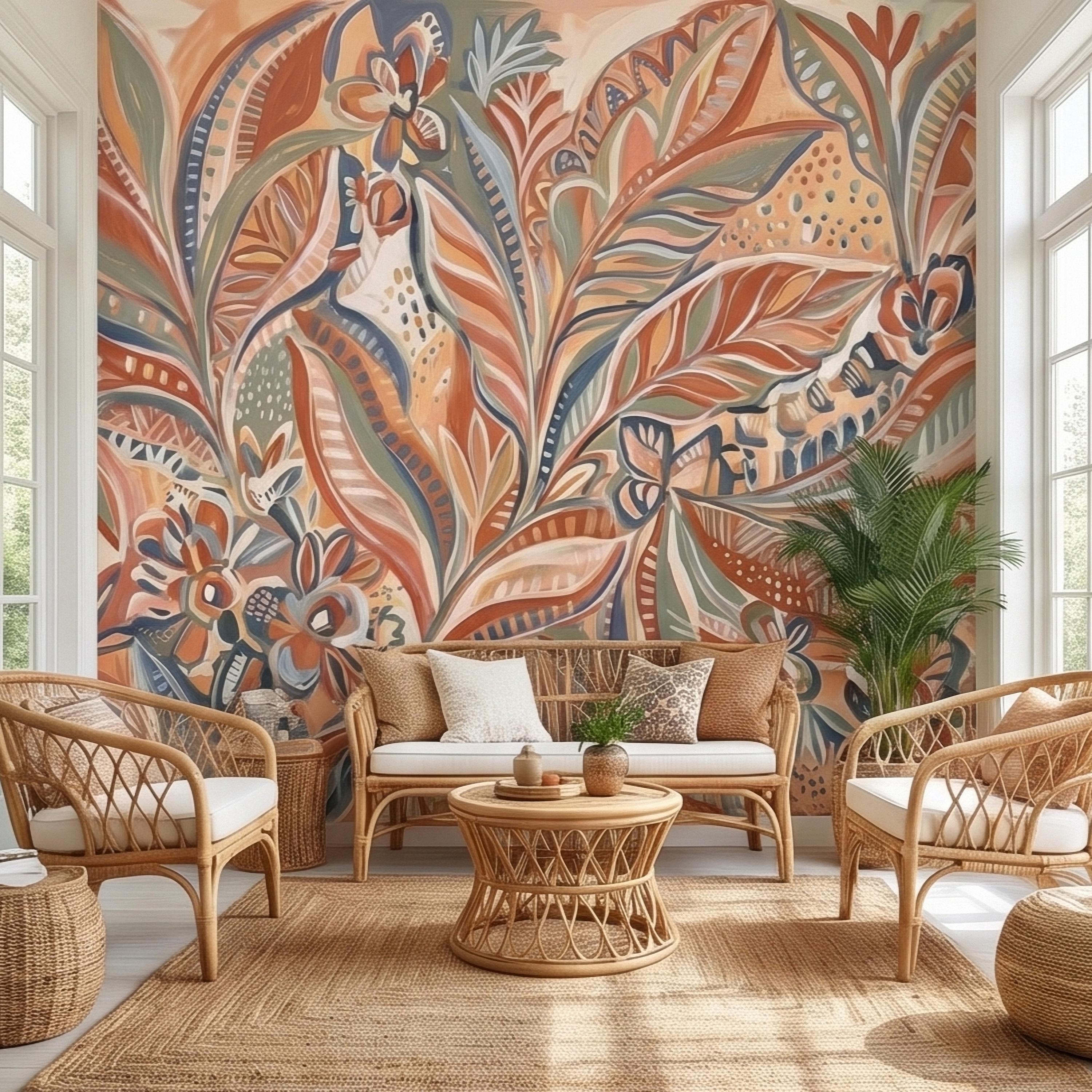 Boho Abstract Botanical Peel and Stick Wall Mural, Terracotta Sage Blush Tropical Leaves Floral Pattern Modern Earthy Hand Painted Wallpaper