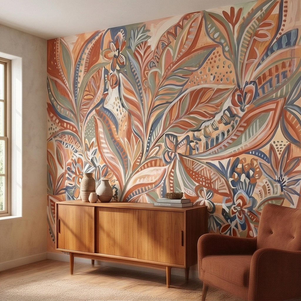 Boho Abstract Botanical Peel and Stick Wall Mural, Terracotta Sage Blush Tropical Leaves Floral Pattern Modern Earthy Hand Painted Wallpaper