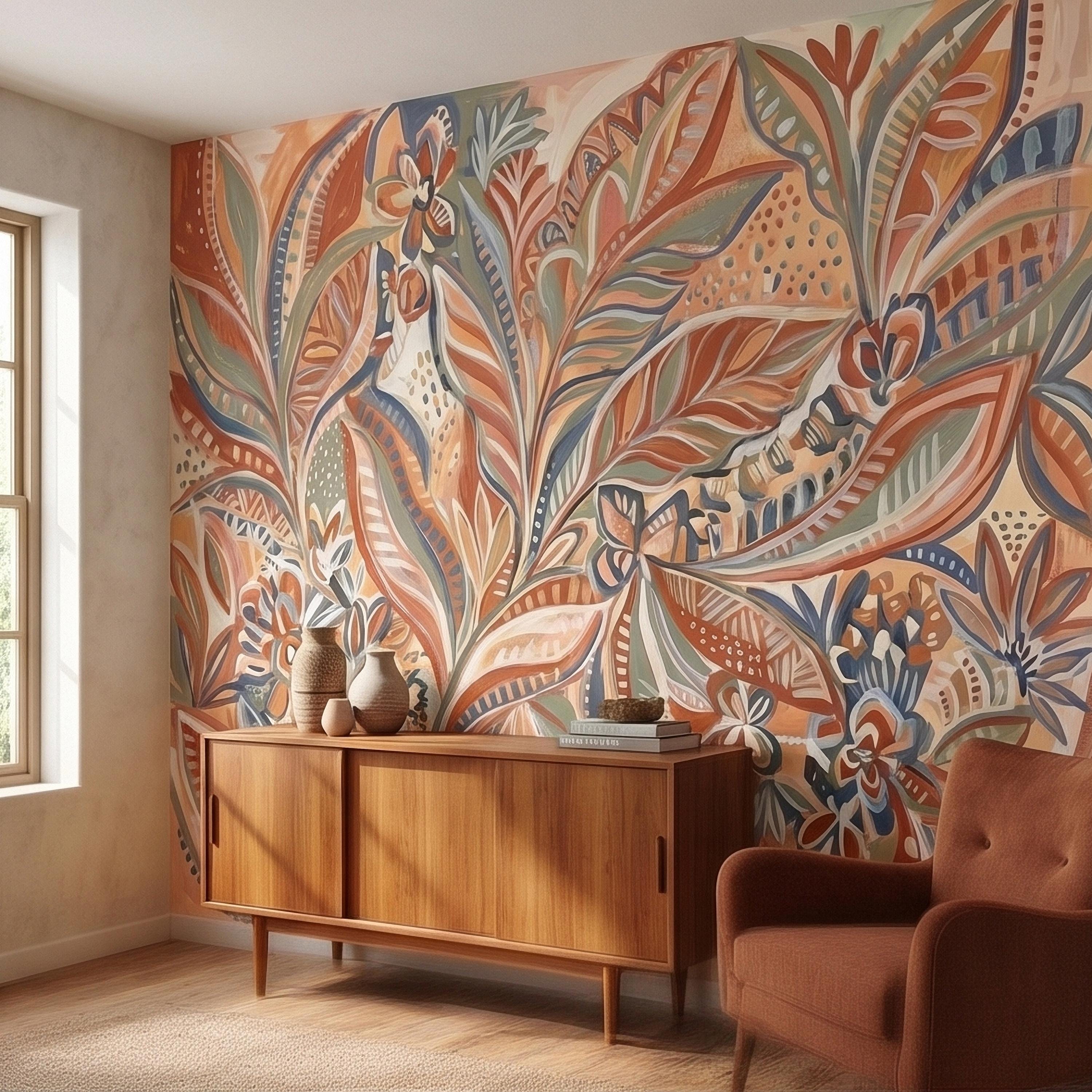 Boho Abstract Botanical Peel and Stick Wall Mural, Terracotta Sage Blush Tropical Leaves Floral Pattern Modern Earthy Hand Painted Wallpaper