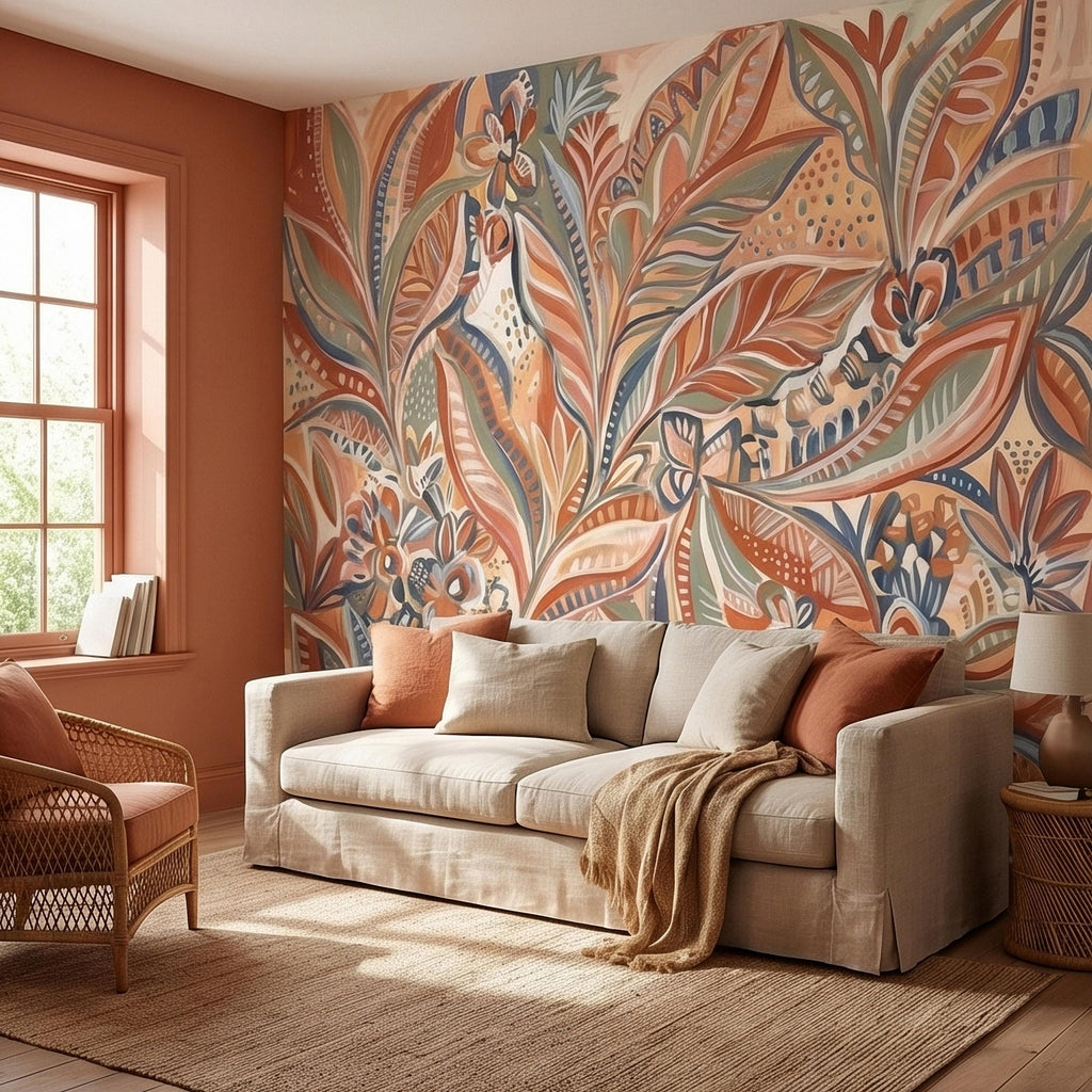 Boho Abstract Botanical Peel and Stick Wall Mural, Terracotta Sage Blush Tropical Leaves Floral Pattern Modern Earthy Hand Painted Wallpaper