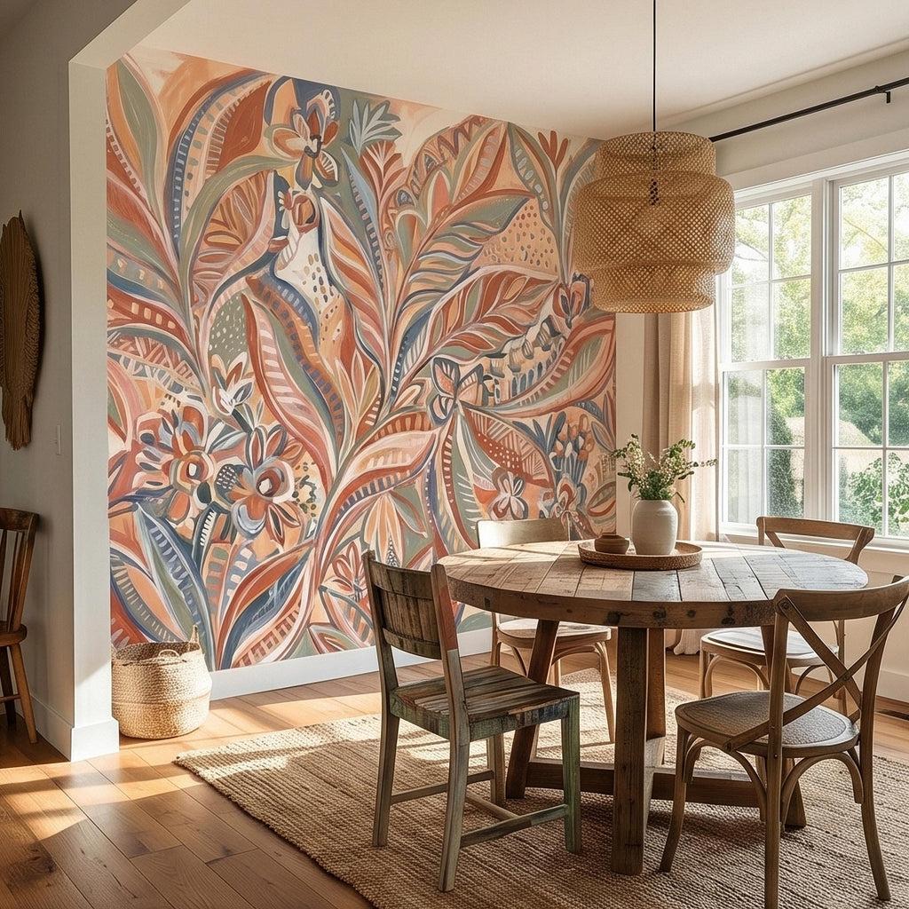 Boho Abstract Botanical Peel and Stick Wall Mural, Terracotta Sage Blush Tropical Leaves Floral Pattern Modern Earthy Hand Painted Wallpaper