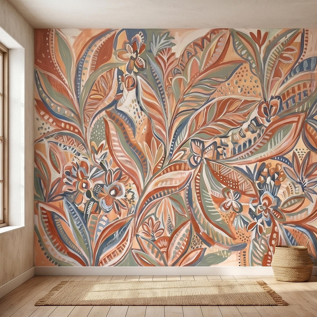 Boho Abstract Botanical Peel and Stick Wall Mural, Terracotta Sage Blush Tropical Leaves Floral Pattern Modern Earthy Hand Painted Wallpaper