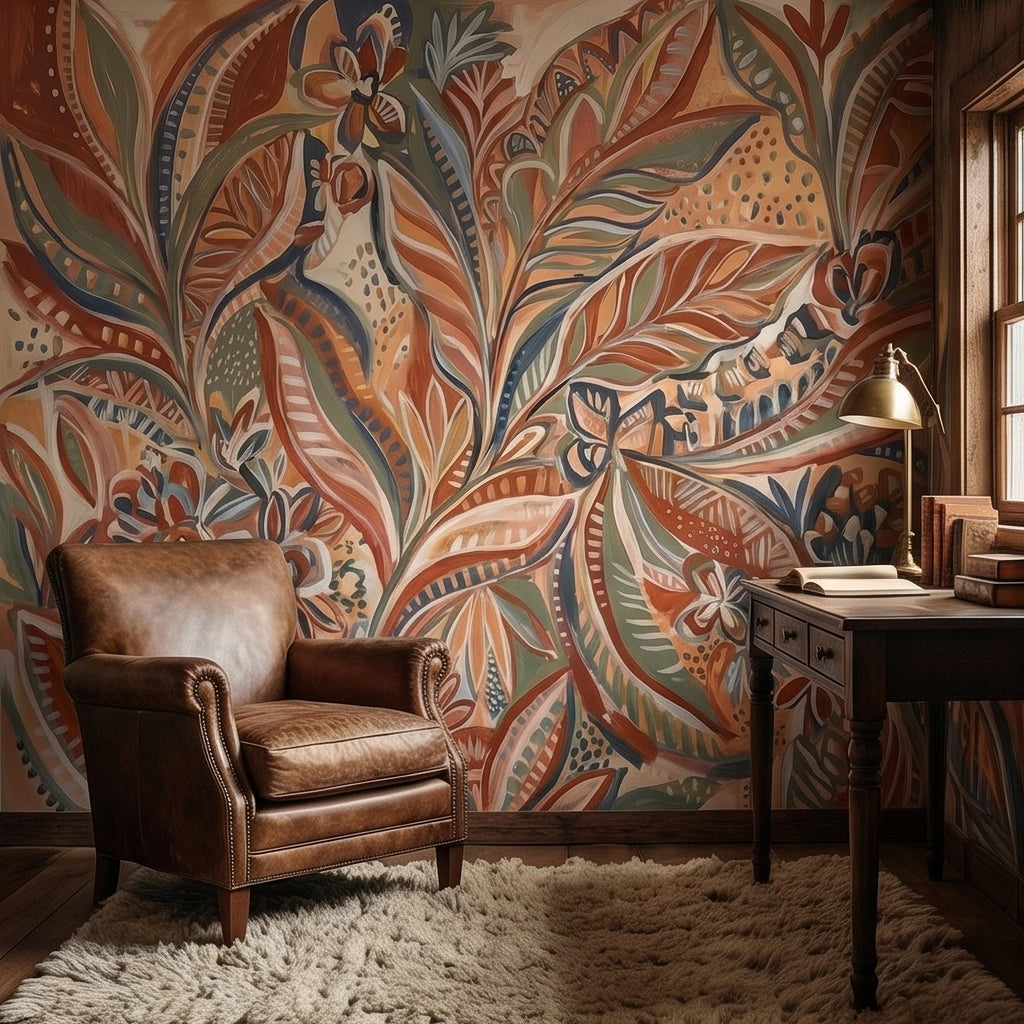 Boho Abstract Botanical Peel and Stick Wall Mural, Terracotta Sage Blush Tropical Leaves Floral Pattern Modern Earthy Hand Painted Wallpaper