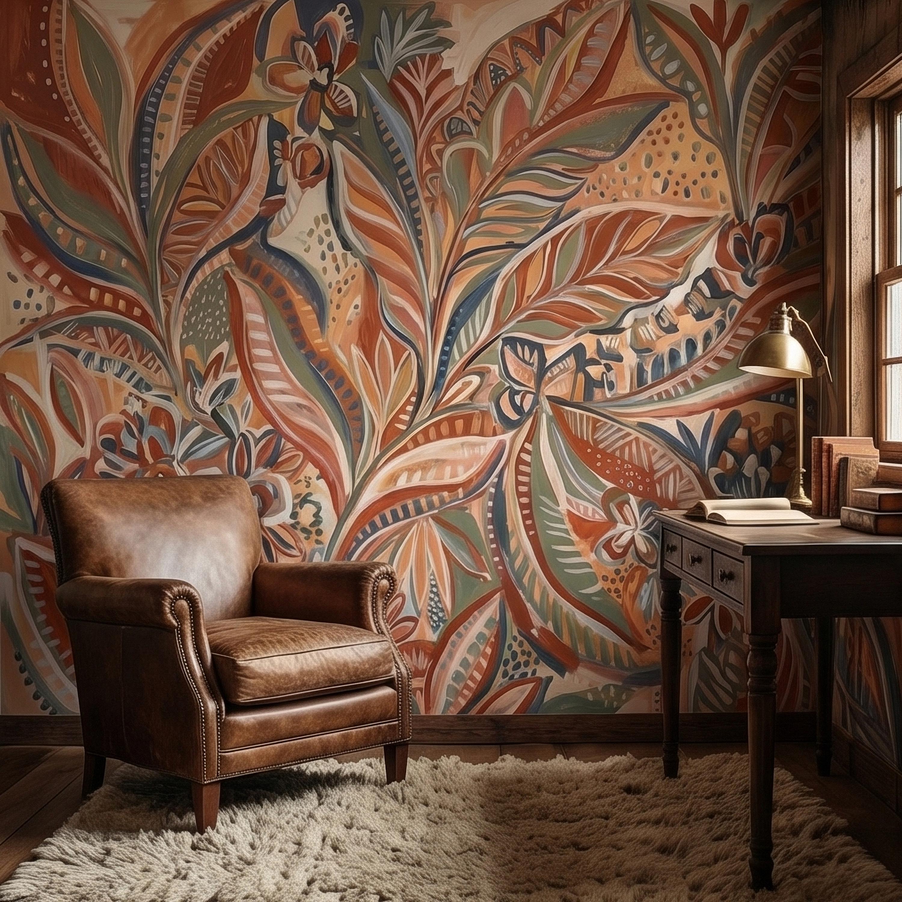 Boho Abstract Botanical Peel and Stick Wall Mural, Terracotta Sage Blush Tropical Leaves Floral Pattern Modern Earthy Hand Painted Wallpaper