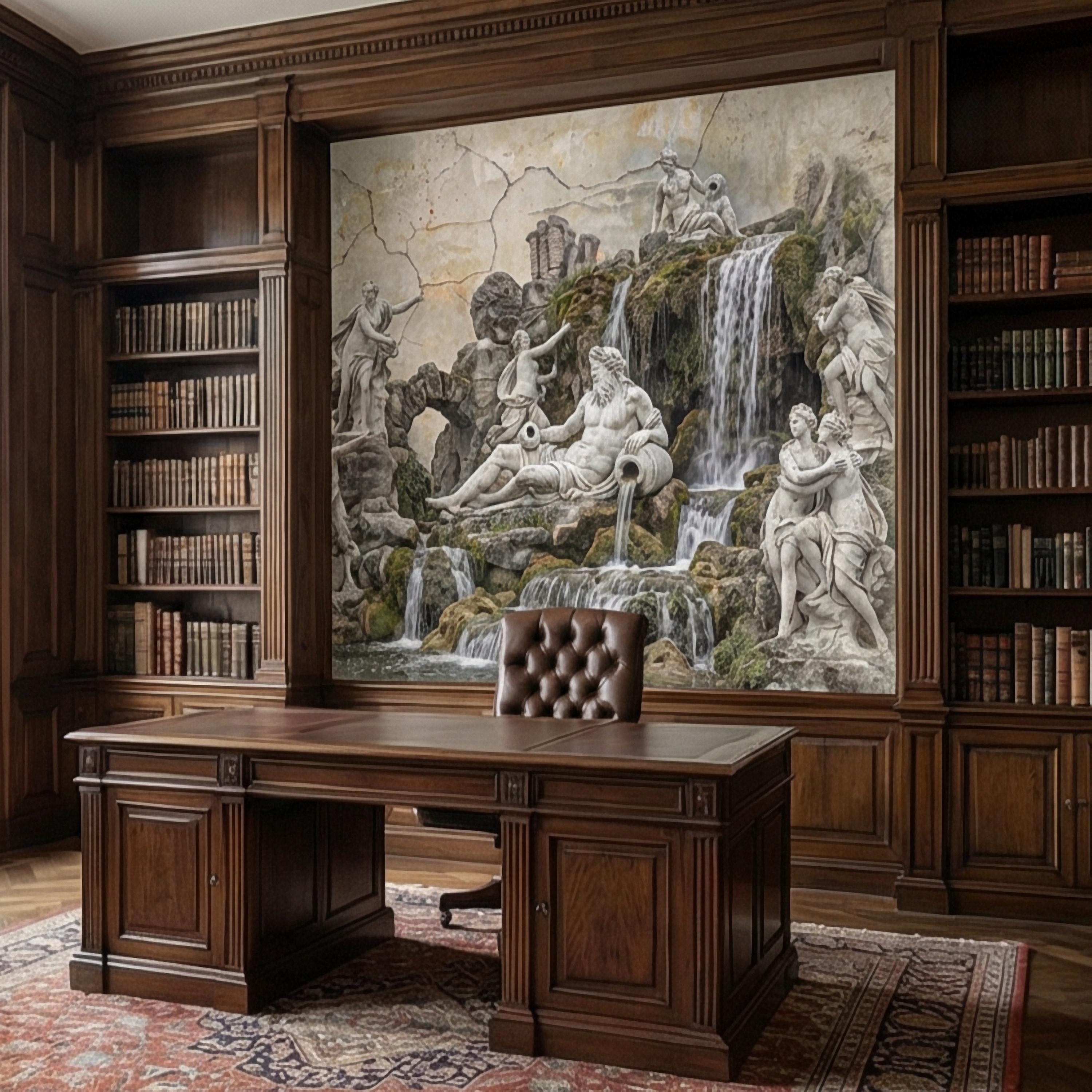 Classical Fountain Peel and Stick Wall Mural, Antique Roman Sculpture Landscape, Neutral Old World Architectural Wallpaper