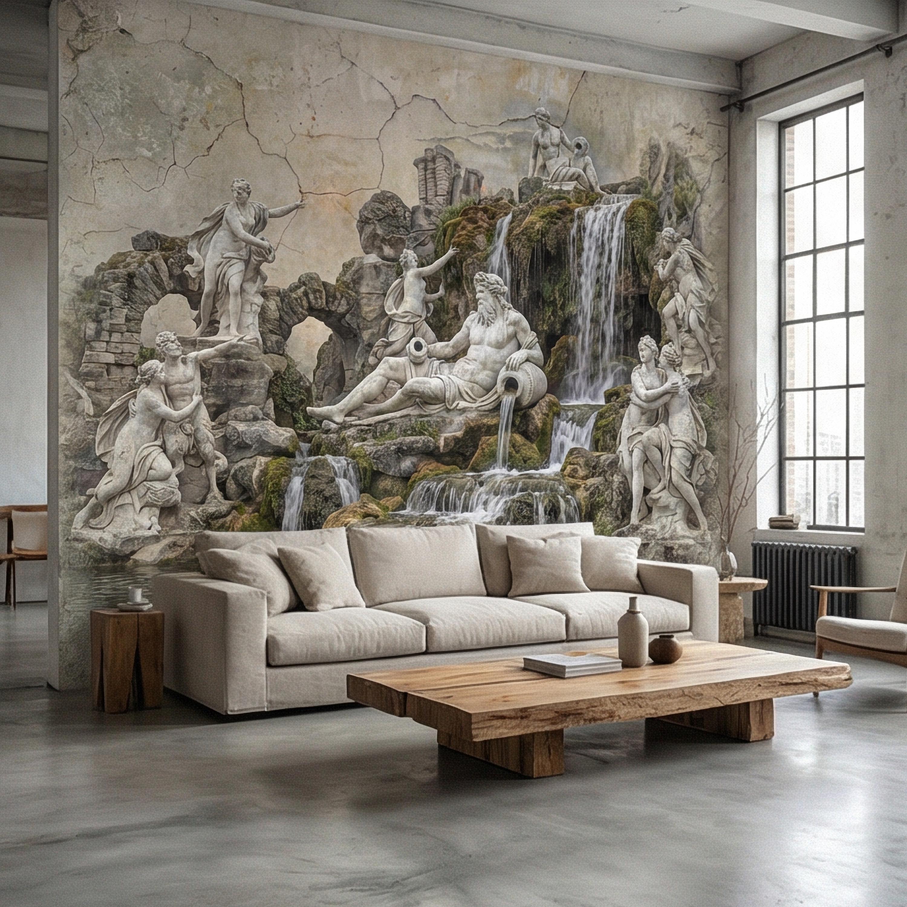 Classical Fountain Peel and Stick Wall Mural, Antique Roman Sculpture Landscape, Neutral Old World Architectural Wallpaper