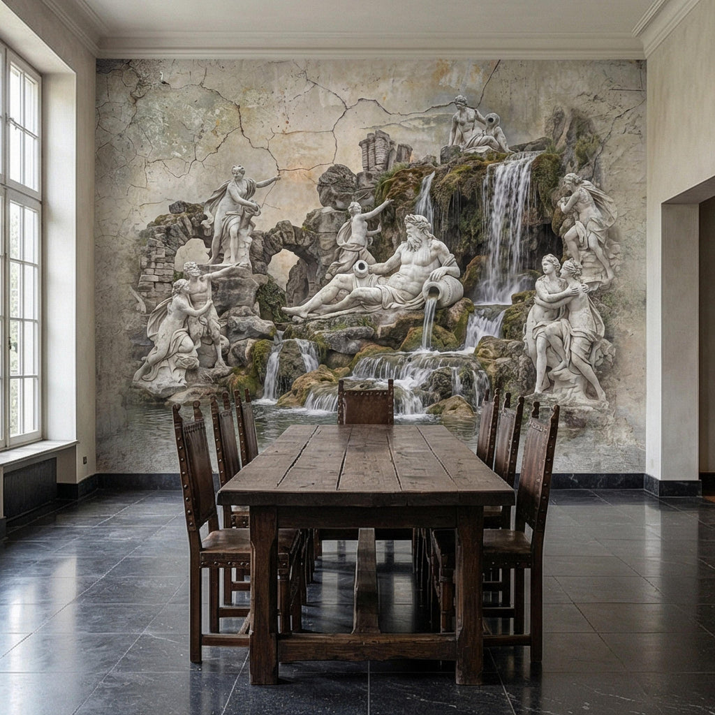 Classical Fountain Peel and Stick Wall Mural, Antique Roman Sculpture Landscape, Neutral Old World Architectural Wallpaper