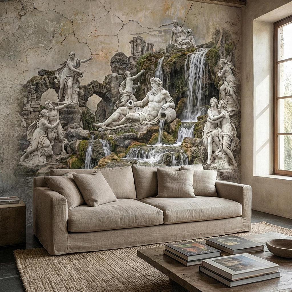 Classical Fountain Peel and Stick Wall Mural, Antique Roman Sculpture Landscape, Neutral Old World Architectural Wallpaper