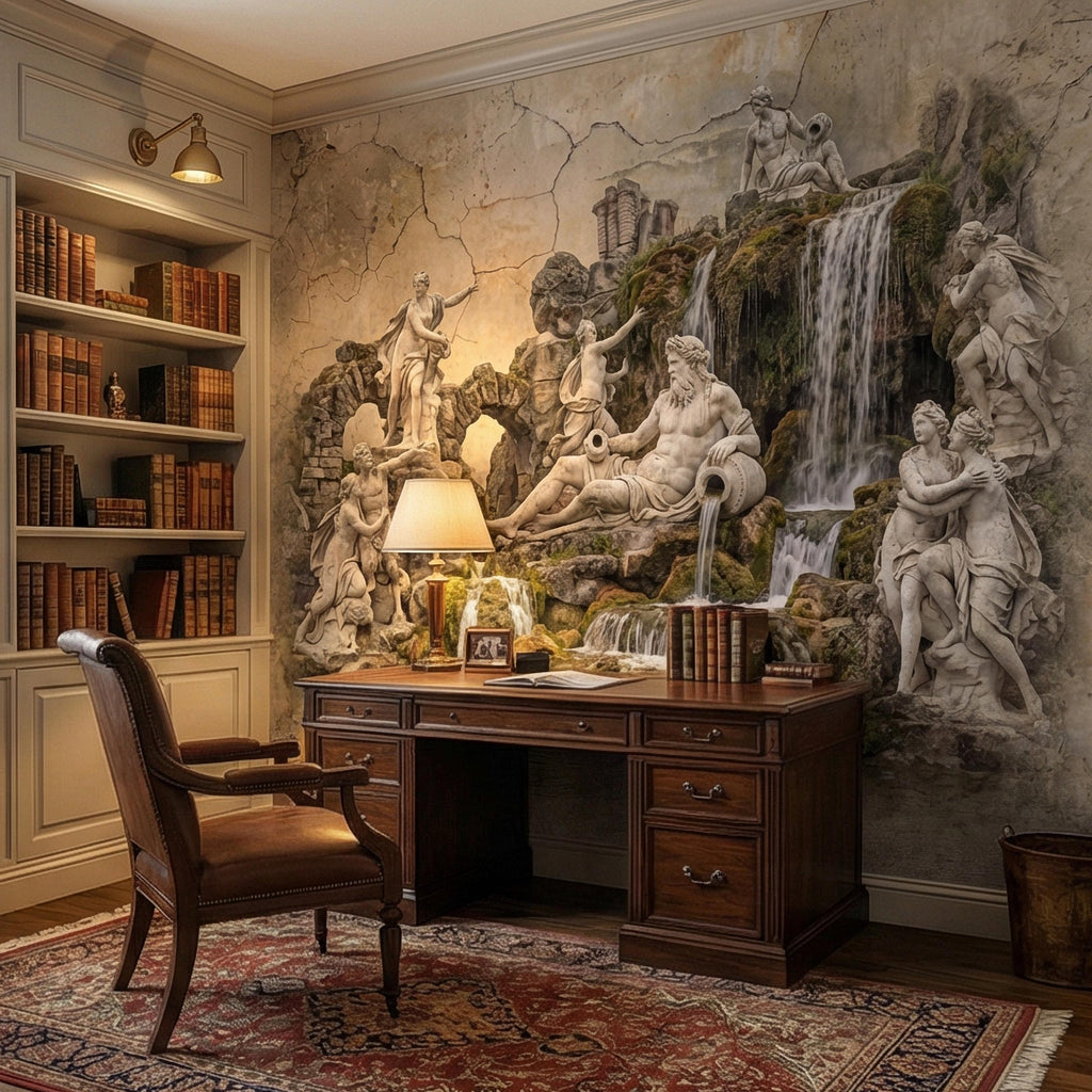 Classical Fountain Peel and Stick Wall Mural, Antique Roman Sculpture Landscape, Neutral Old World Architectural Wallpaper