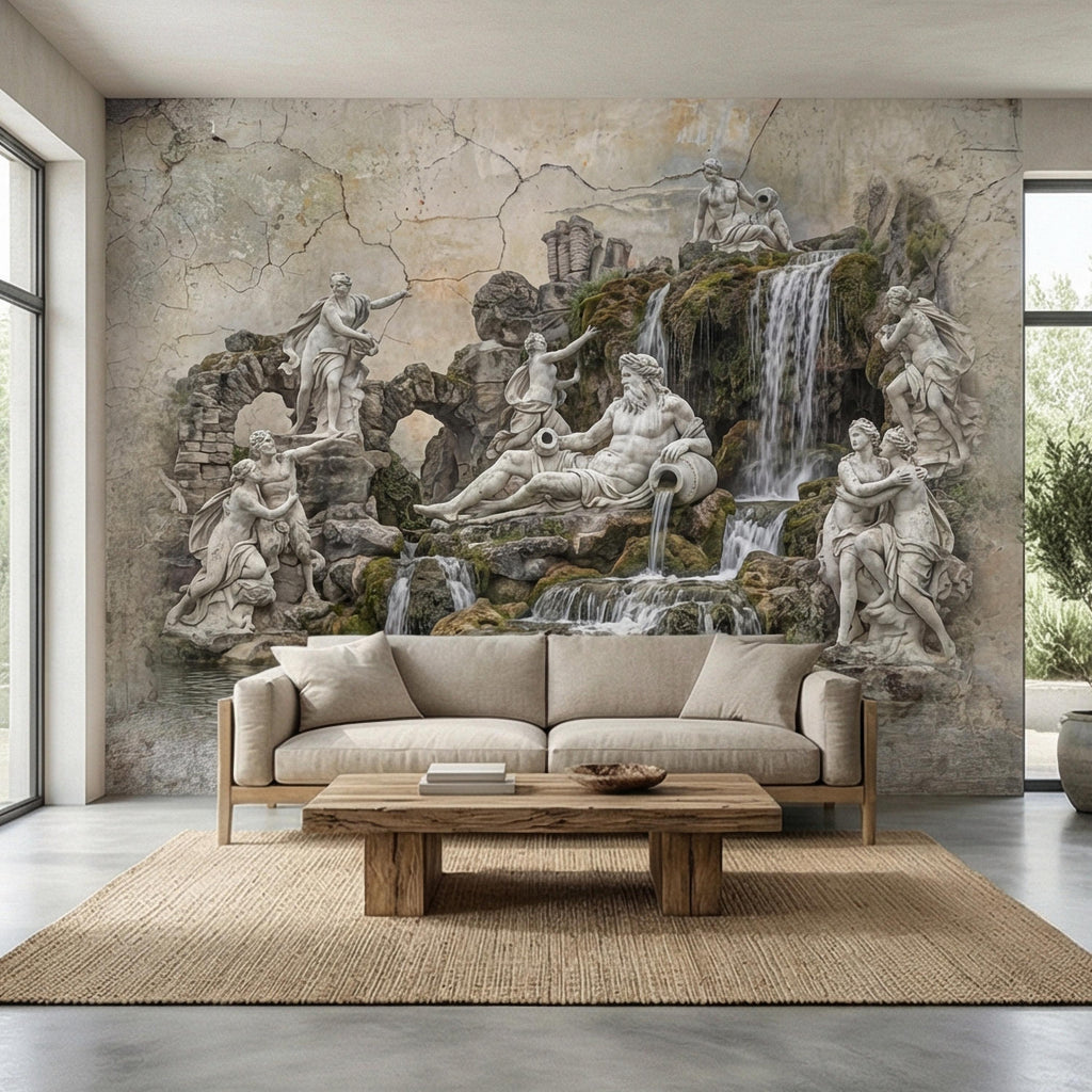 Classical Fountain Peel and Stick Wall Mural, Antique Roman Sculpture Landscape, Neutral Old World Architectural Wallpaper