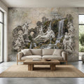 Classical Fountain Peel and Stick Wall Mural, Antique Roman Sculpture Landscape, Neutral Old World Architectural Wallpaper