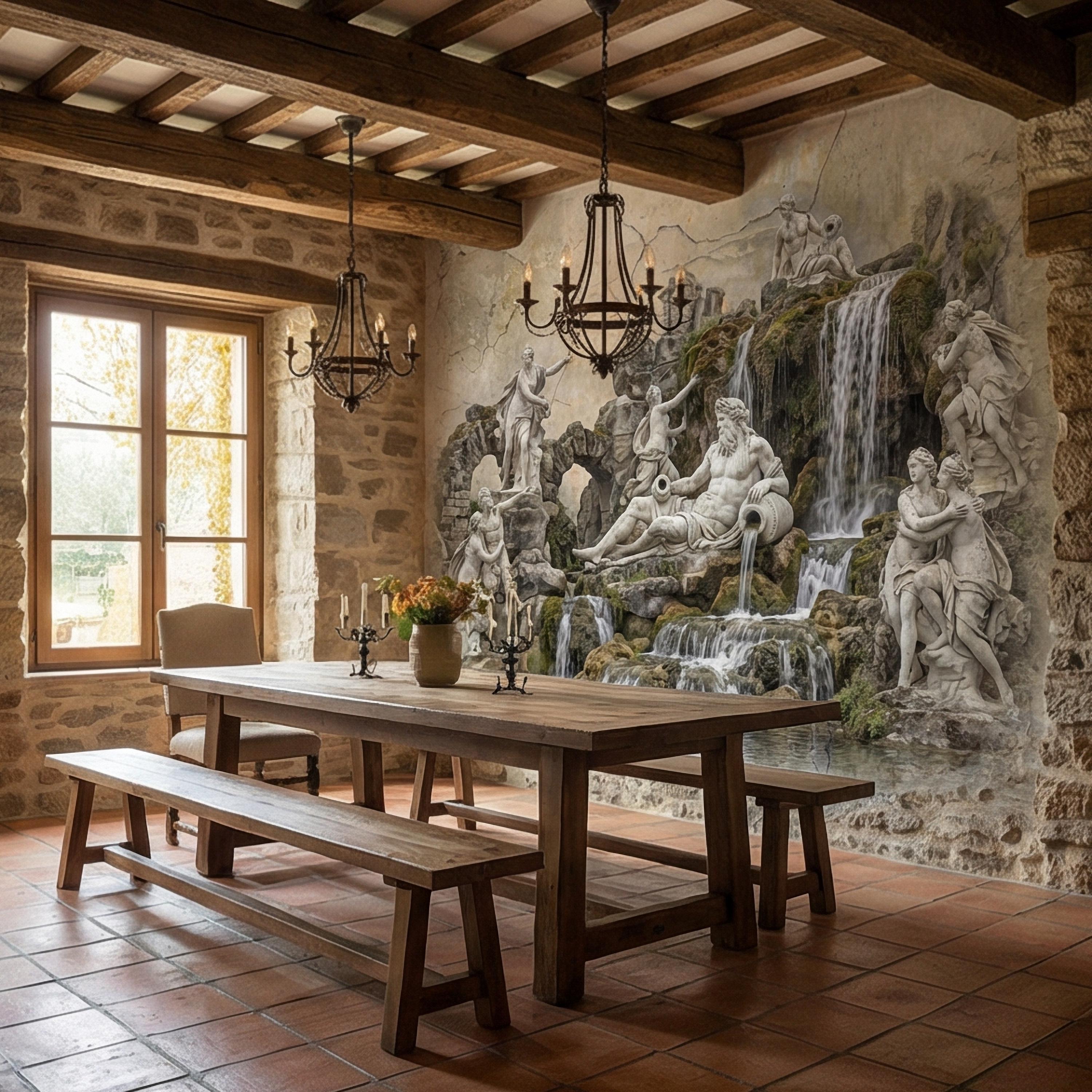 Classical Fountain Peel and Stick Wall Mural, Antique Roman Sculpture Landscape, Neutral Old World Architectural Wallpaper