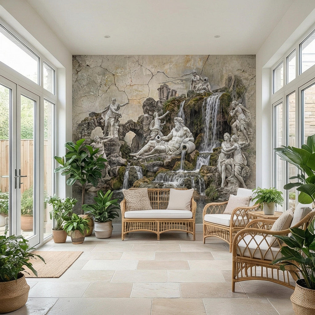 Classical Fountain Peel and Stick Wall Mural, Antique Roman Sculpture Landscape, Neutral Old World Architectural Wallpaper