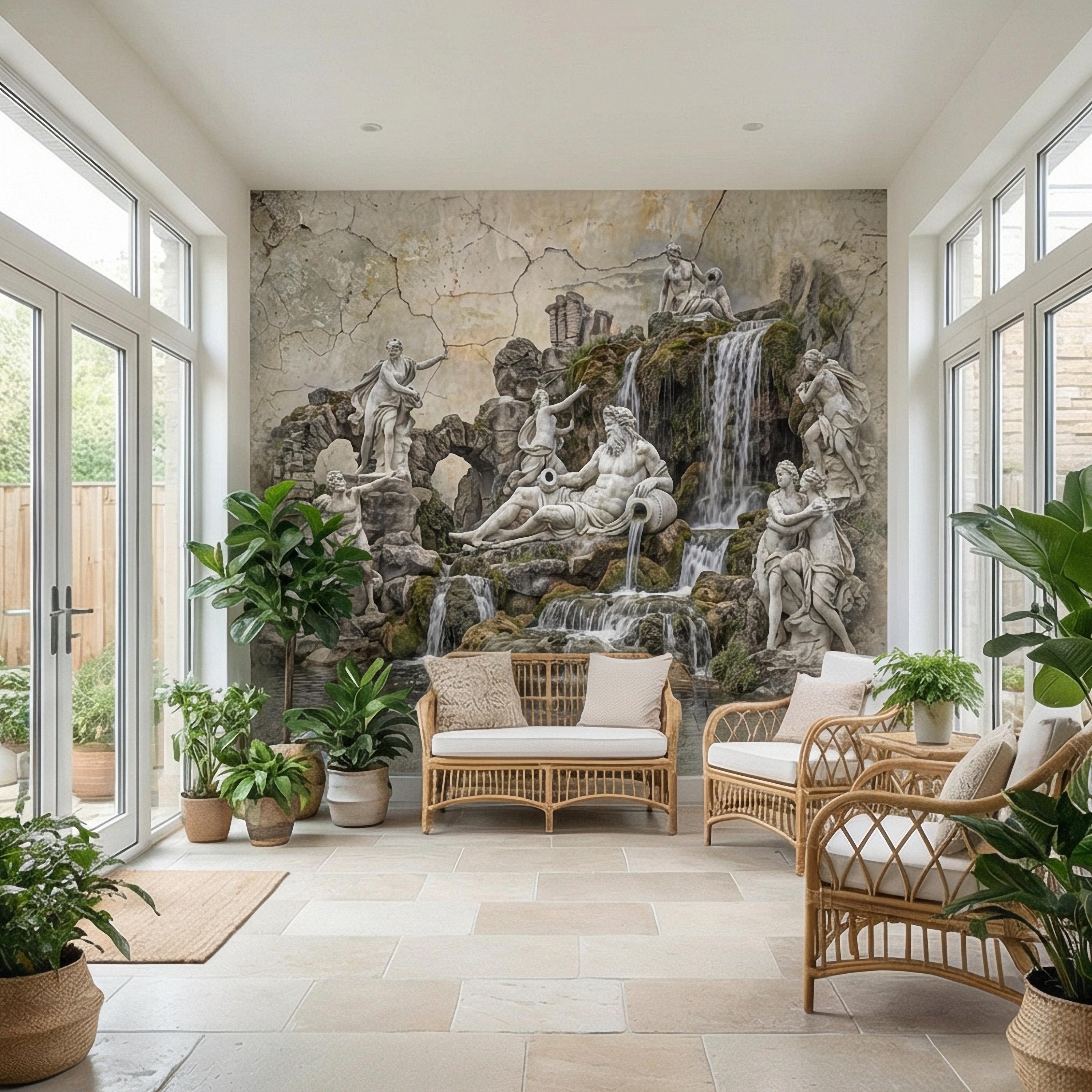 Classical Fountain Peel and Stick Wall Mural, Antique Roman Sculpture Landscape, Neutral Old World Architectural Wallpaper