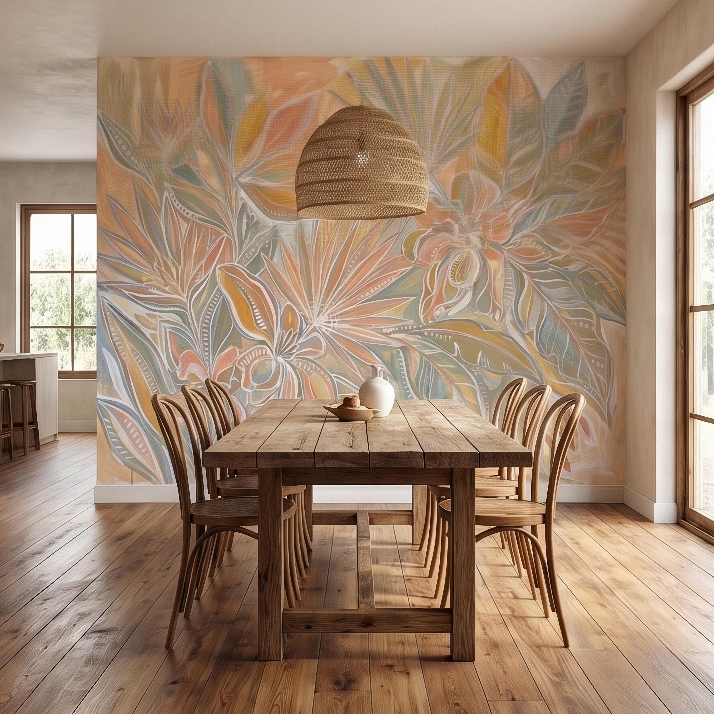 Boho Tropical Palm Leaves Peel and Stick Wall Mural, Pastel Peach Sage Terracotta Botanical Line Art, Modern Hand Painted Abstract Wallpaper