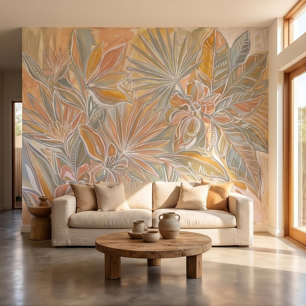 Boho Tropical Palm Leaves Peel and Stick Wall Mural, Pastel Peach Sage Terracotta Botanical Line Art, Modern Hand Painted Abstract Wallpaper