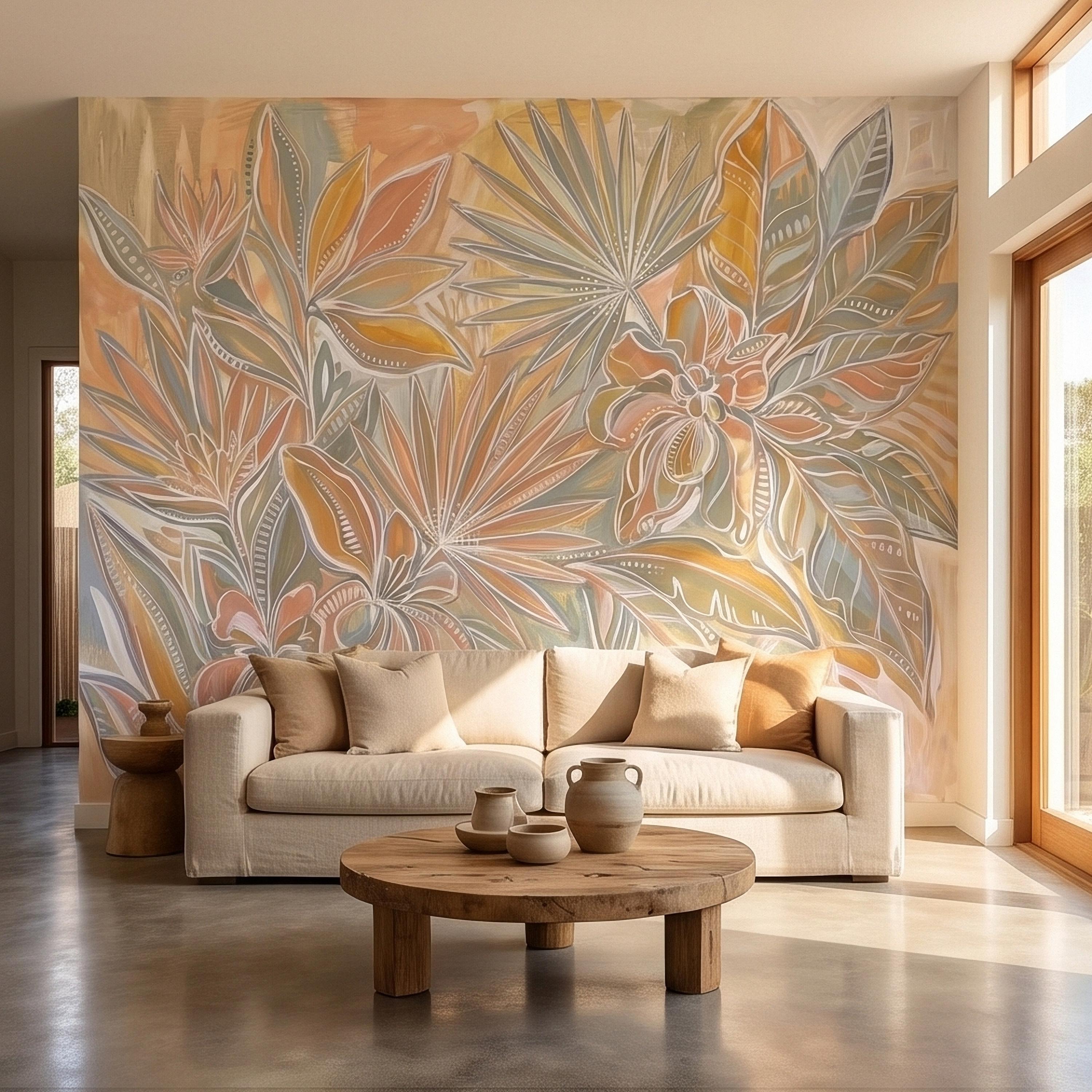 Boho Tropical Palm Leaves Peel and Stick Wall Mural, Pastel Peach Sage Terracotta Botanical Line Art, Modern Hand Painted Abstract Wallpaper