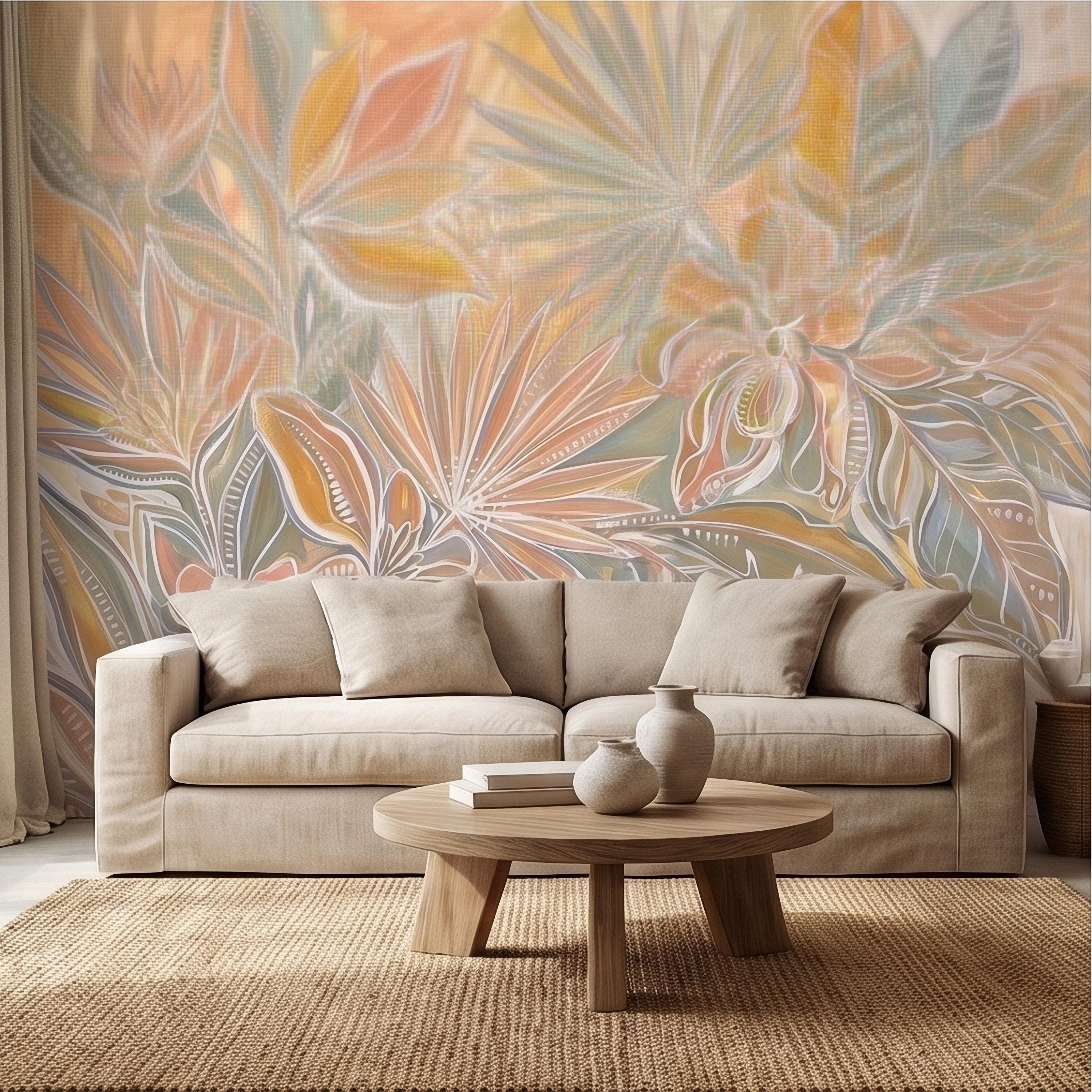 Boho Tropical Palm Leaves Peel and Stick Wall Mural, Pastel Peach Sage Terracotta Botanical Line Art, Modern Hand Painted Abstract Wallpaper