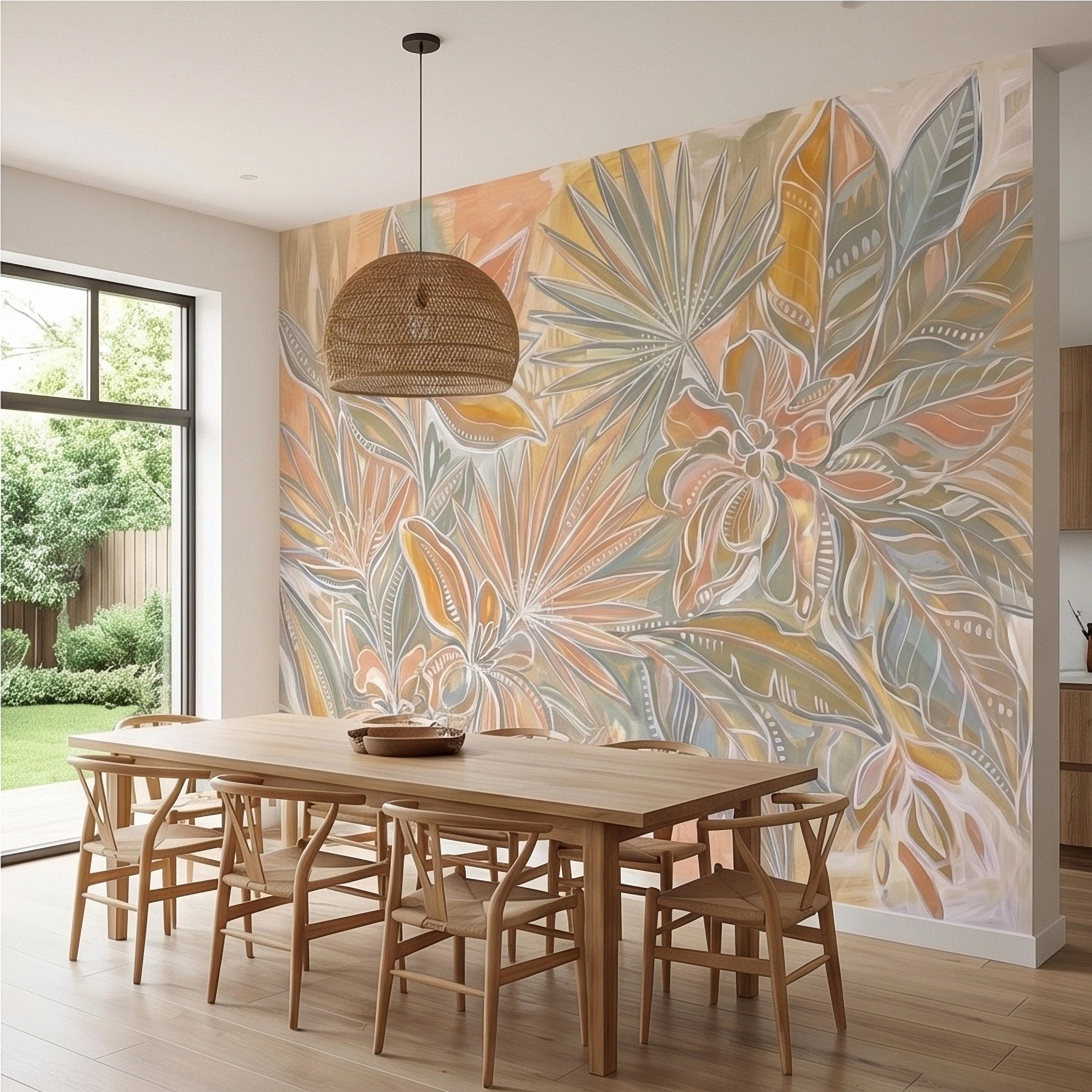 Boho Tropical Palm Leaves Peel and Stick Wall Mural, Pastel Peach Sage Terracotta Botanical Line Art, Modern Hand Painted Abstract Wallpaper