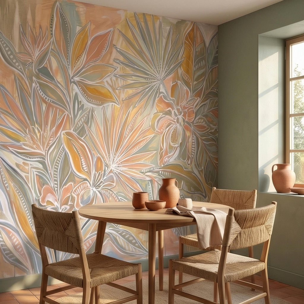 Boho Tropical Palm Leaves Peel and Stick Wall Mural, Pastel Peach Sage Terracotta Botanical Line Art, Modern Hand Painted Abstract Wallpaper