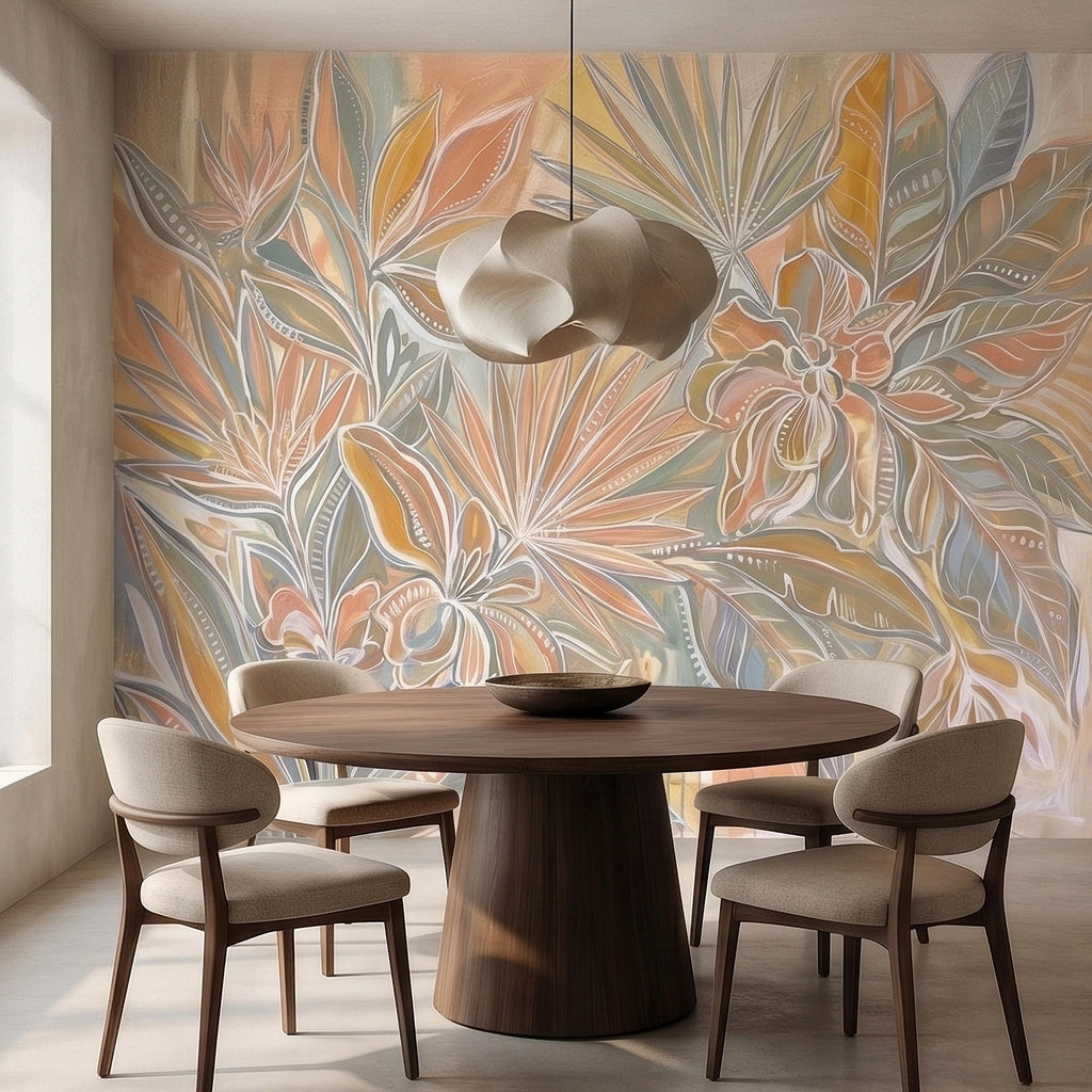 Boho Tropical Palm Leaves Peel and Stick Wall Mural, Pastel Peach Sage Terracotta Botanical Line Art, Modern Hand Painted Abstract Wallpaper