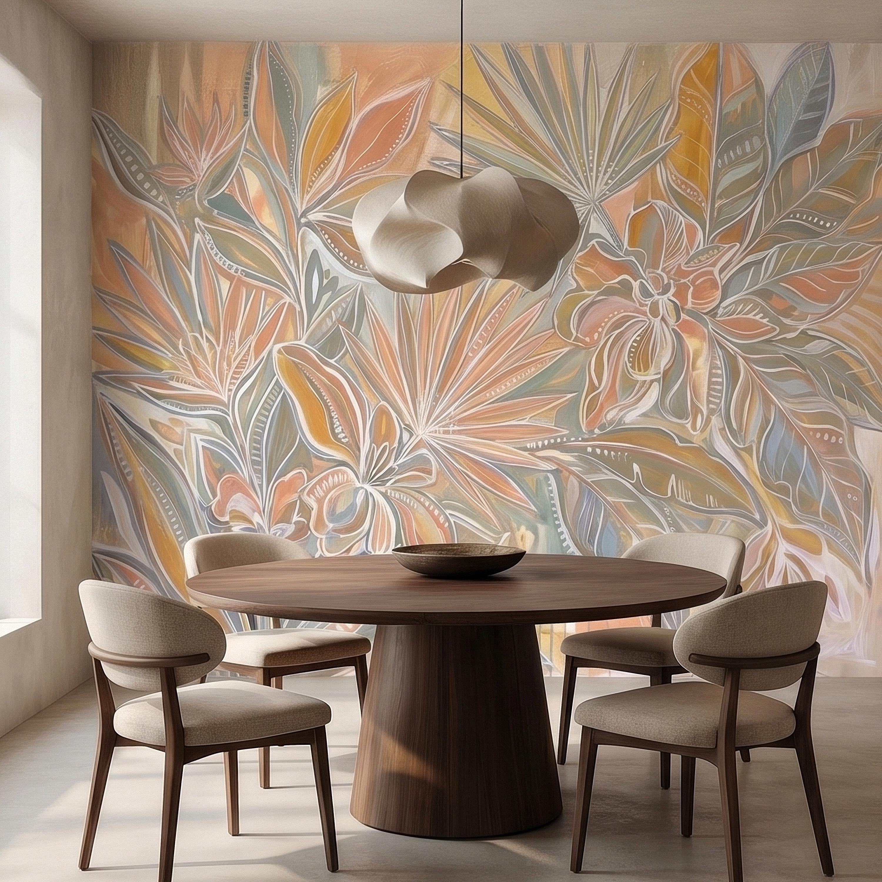 Boho Tropical Palm Leaves Peel and Stick Wall Mural, Pastel Peach Sage Terracotta Botanical Line Art, Modern Hand Painted Abstract Wallpaper