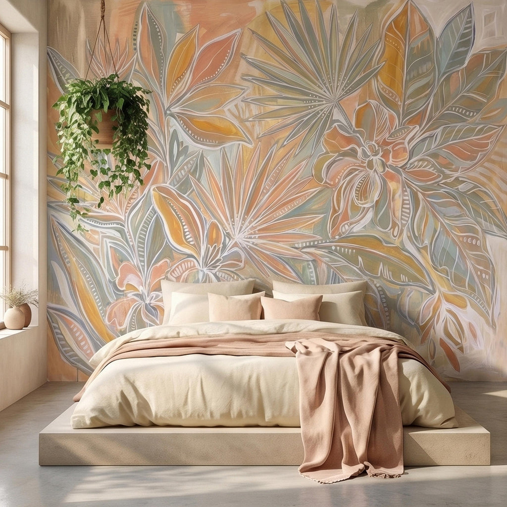 Boho Tropical Palm Leaves Peel and Stick Wall Mural, Pastel Peach Sage Terracotta Botanical Line Art, Modern Hand Painted Abstract Wallpaper