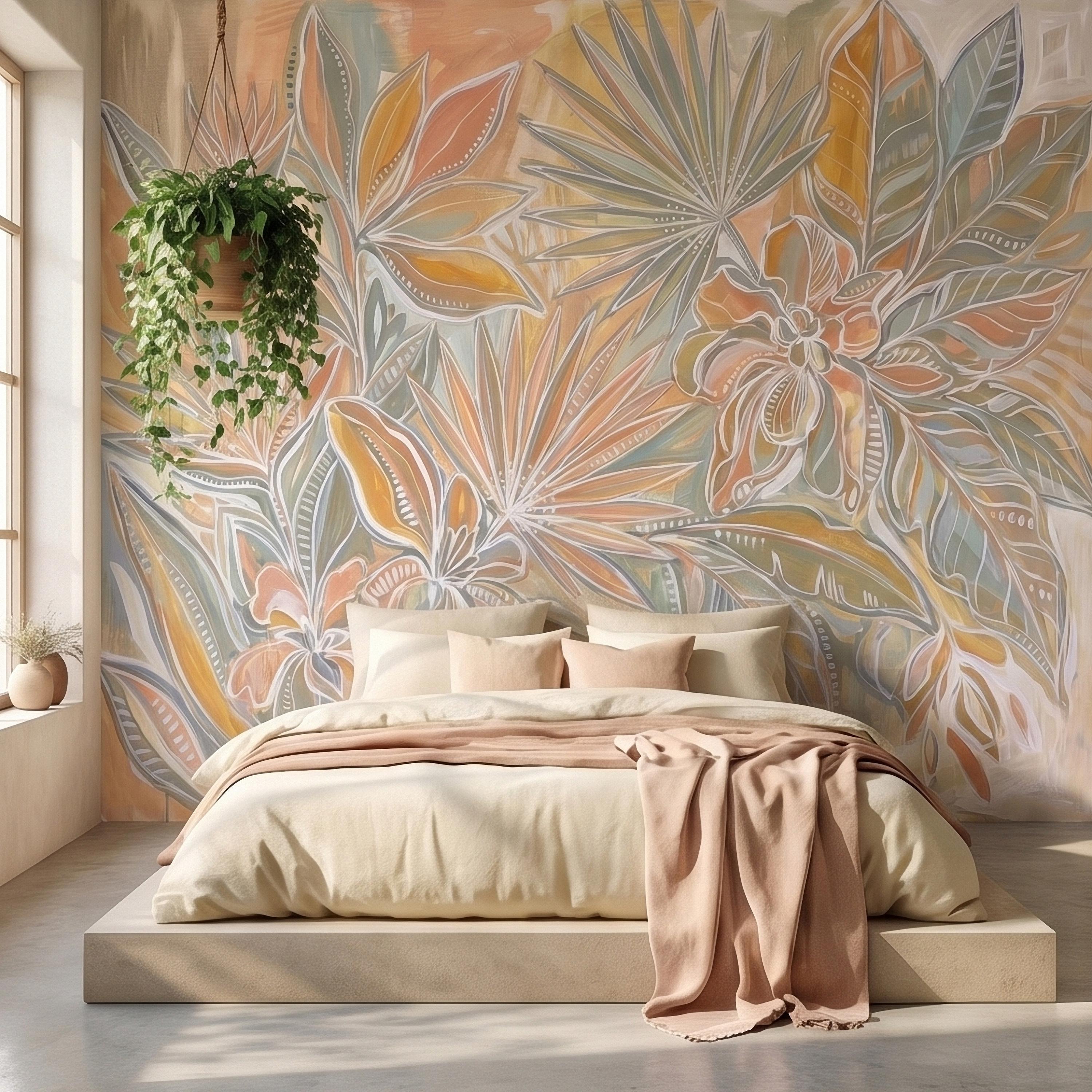 Boho Tropical Palm Leaves Peel and Stick Wall Mural, Pastel Peach Sage Terracotta Botanical Line Art, Modern Hand Painted Abstract Wallpaper