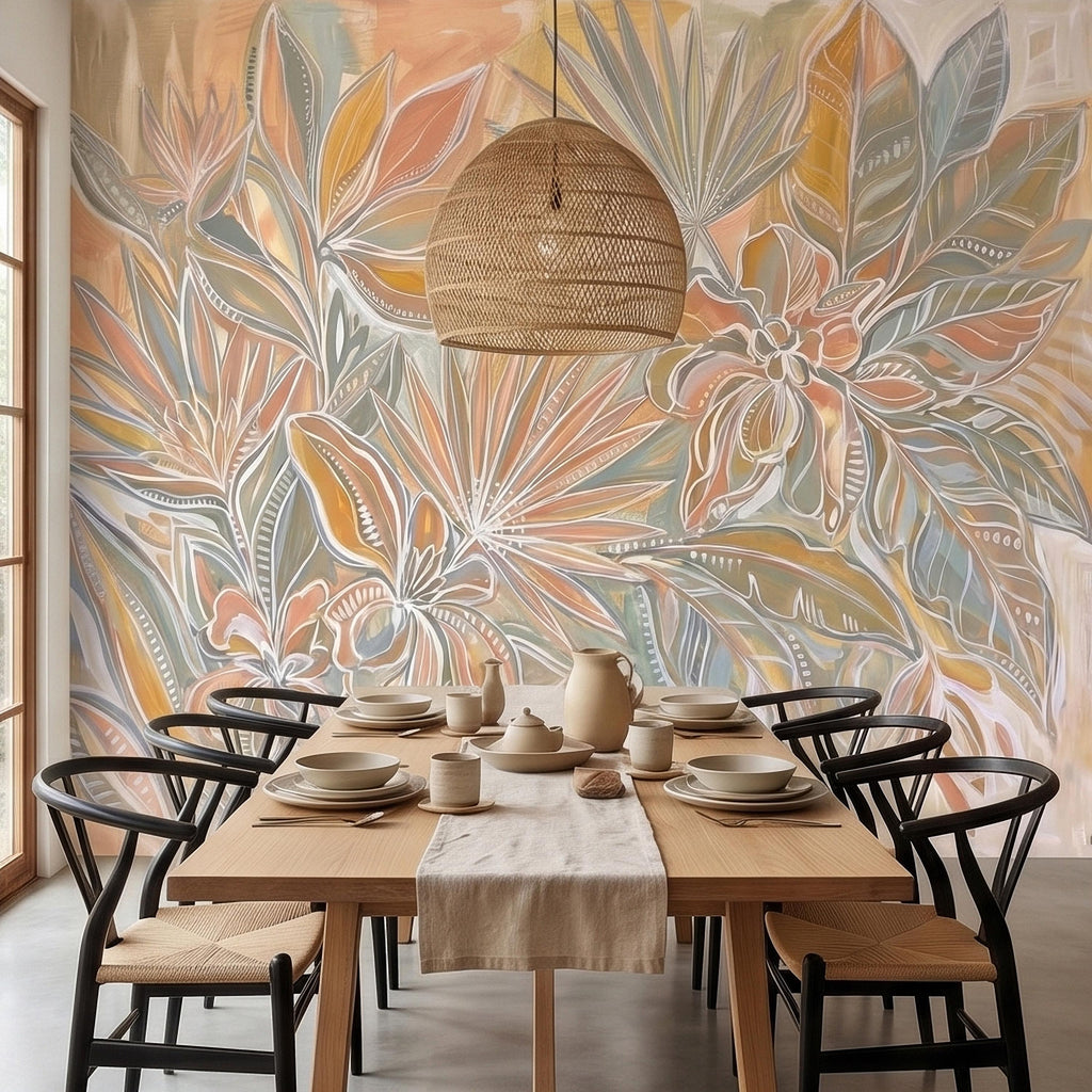 Boho Tropical Palm Leaves Peel and Stick Wall Mural, Pastel Peach Sage Terracotta Botanical Line Art, Modern Hand Painted Abstract Wallpaper