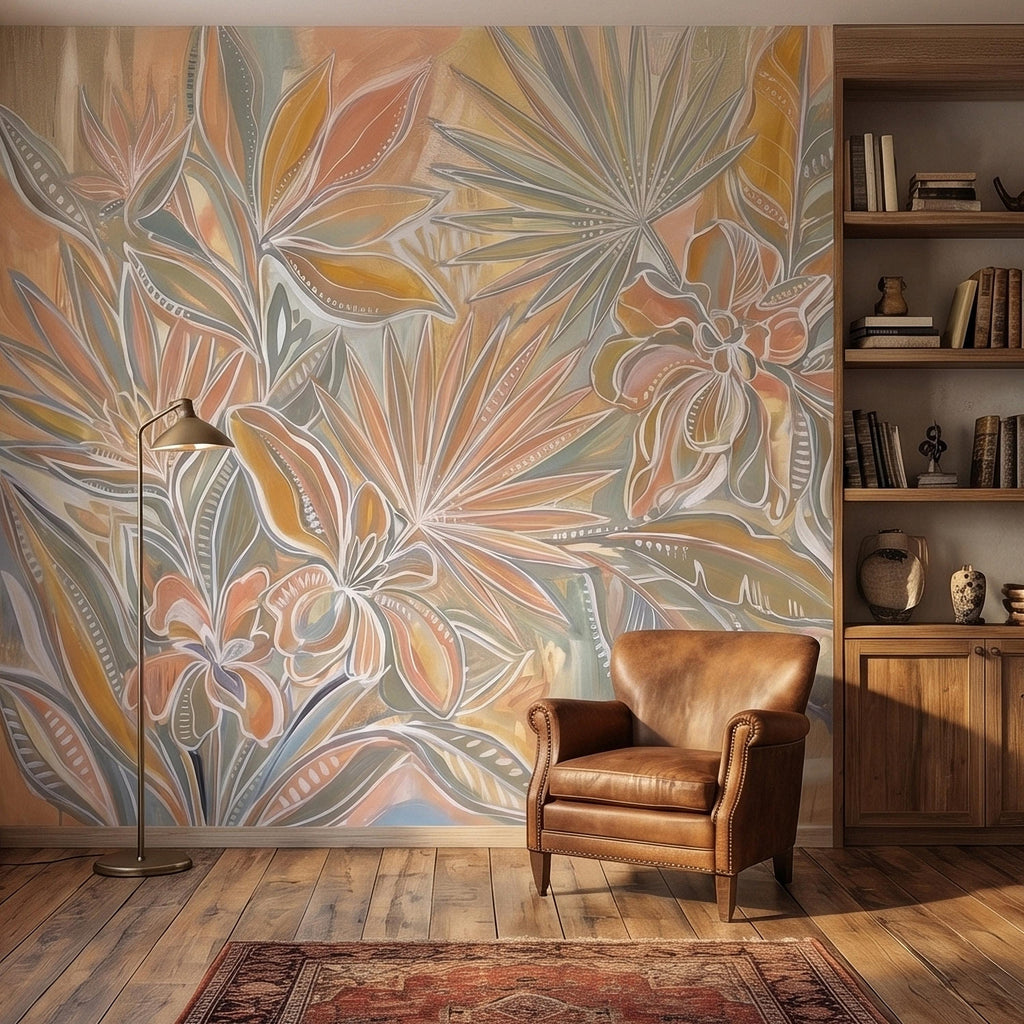 Boho Tropical Palm Leaves Peel and Stick Wall Mural, Pastel Peach Sage Terracotta Botanical Line Art, Modern Hand Painted Abstract Wallpaper
