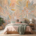 Boho Tropical Palm Leaves Peel and Stick Wall Mural, Pastel Peach Sage Terracotta Botanical Line Art, Modern Hand Painted Abstract Wallpaper