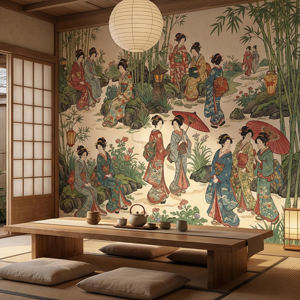Vintage Japanese Peel and Stick Wall Mural, Geisha Garden Scene, Bamboo Chinoiserie Style, Antique Oriental Wallpaper