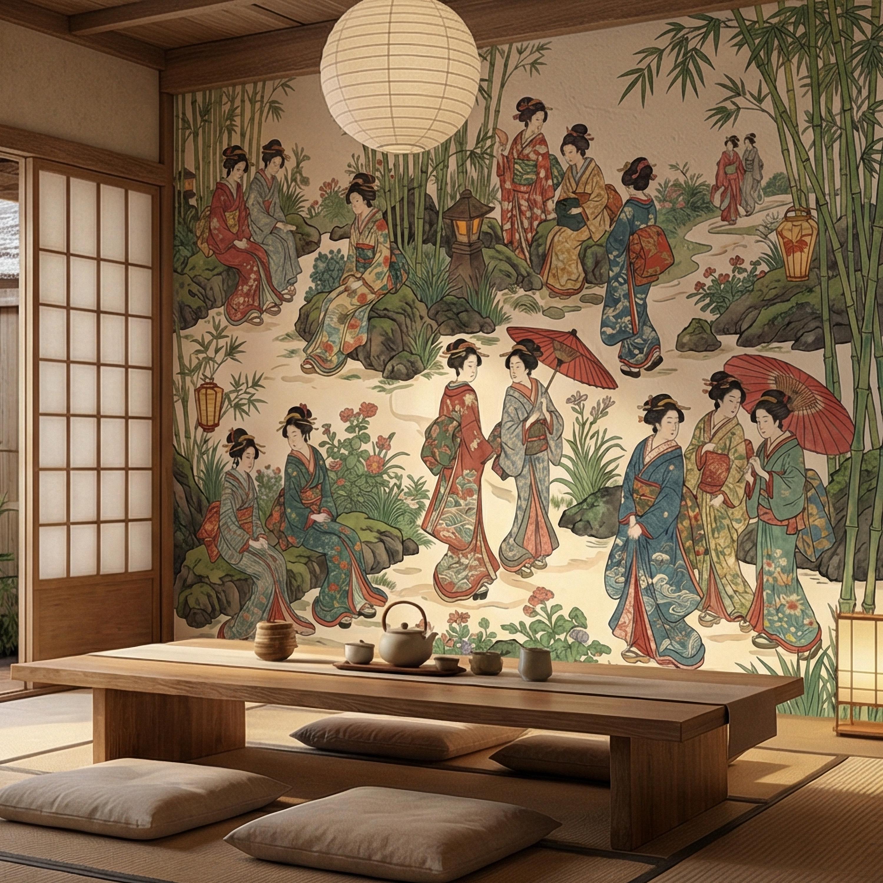 Vintage Japanese Peel and Stick Wall Mural, Geisha Garden Scene, Bamboo Chinoiserie Style, Antique Oriental Wallpaper