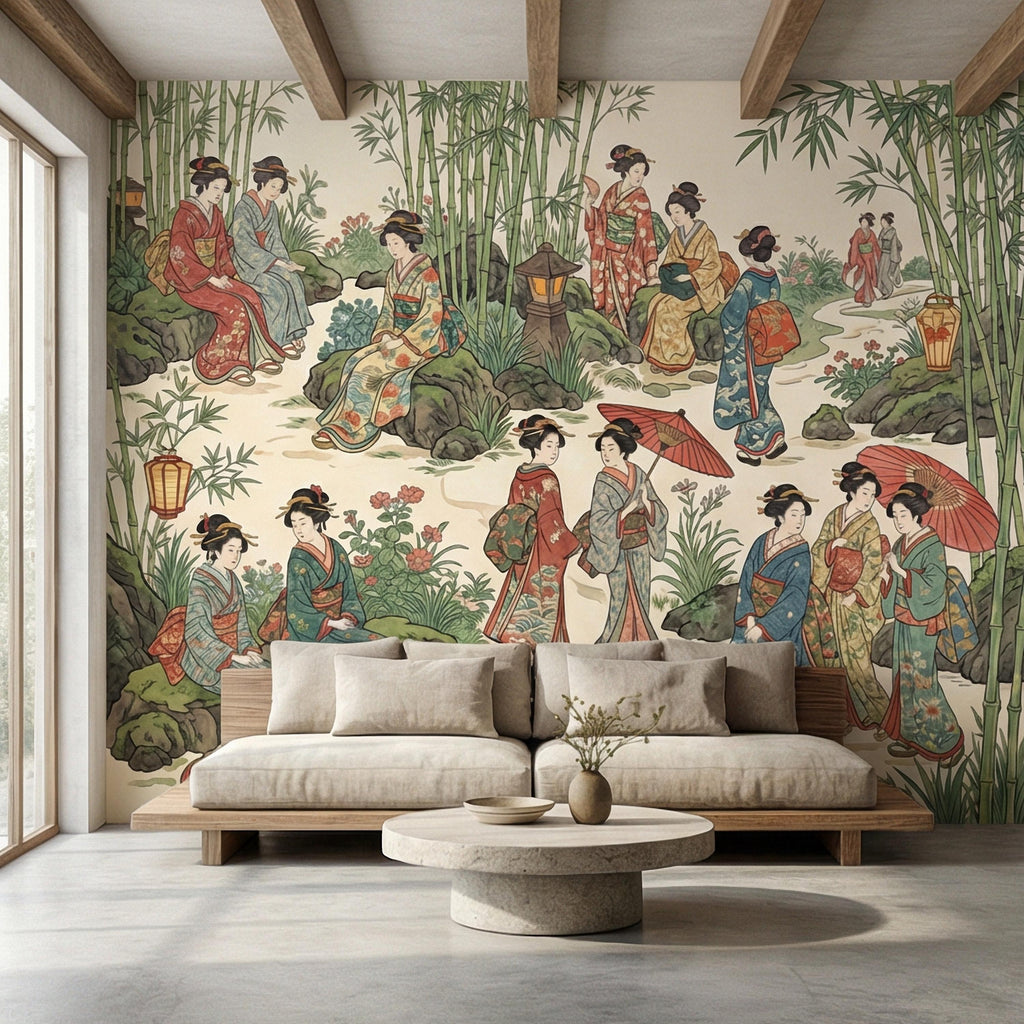 Vintage Japanese Peel and Stick Wall Mural, Geisha Garden Scene, Bamboo Chinoiserie Style, Antique Oriental Wallpaper