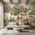 Vintage Japanese Peel and Stick Wall Mural, Geisha Garden Scene, Bamboo Chinoiserie Style, Antique Oriental Wallpaper