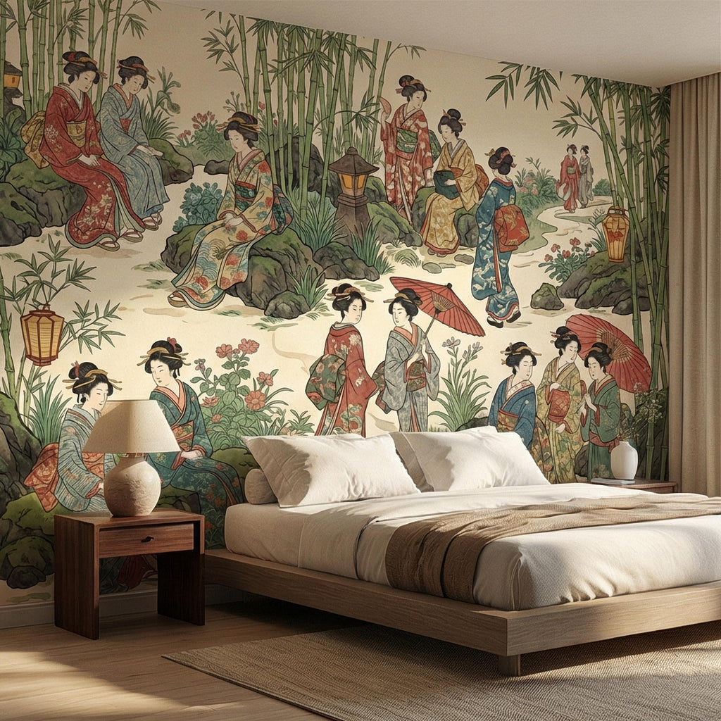 Vintage Japanese Peel and Stick Wall Mural, Geisha Garden Scene, Bamboo Chinoiserie Style, Antique Oriental Wallpaper