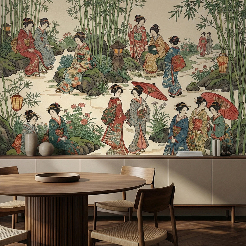Vintage Japanese Peel and Stick Wall Mural, Geisha Garden Scene, Bamboo Chinoiserie Style, Antique Oriental Wallpaper