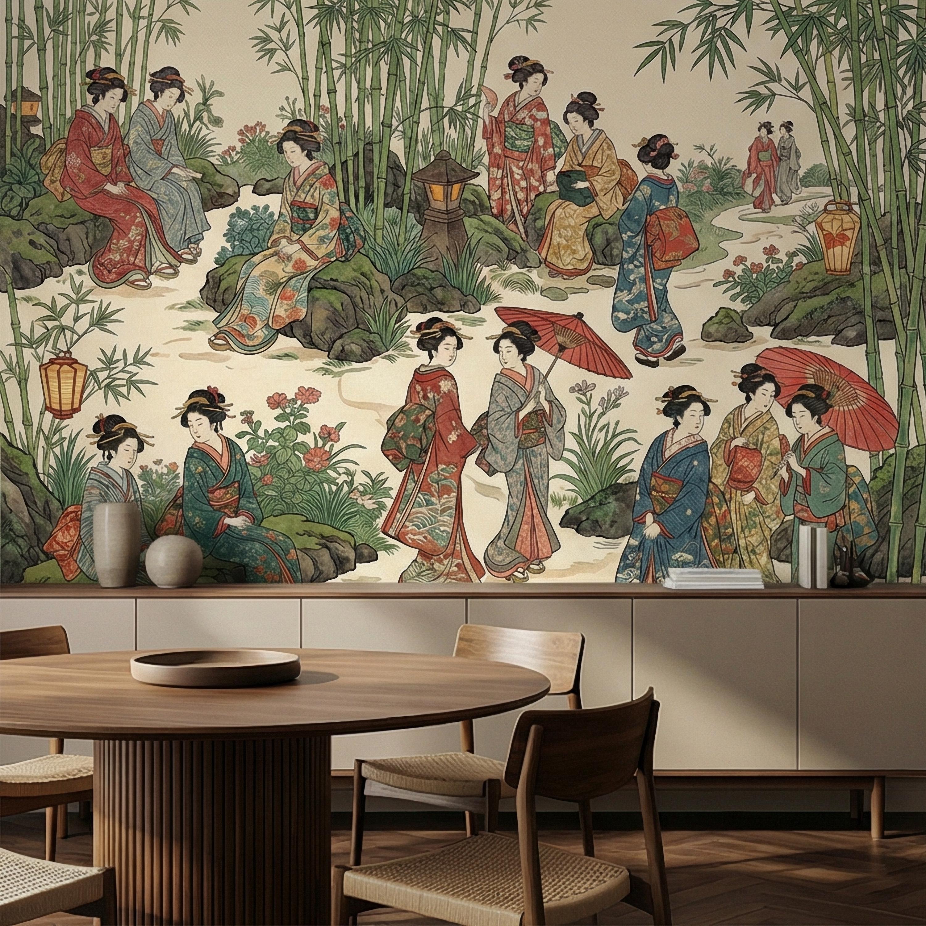 Vintage Japanese Peel and Stick Wall Mural, Geisha Garden Scene, Bamboo Chinoiserie Style, Antique Oriental Wallpaper
