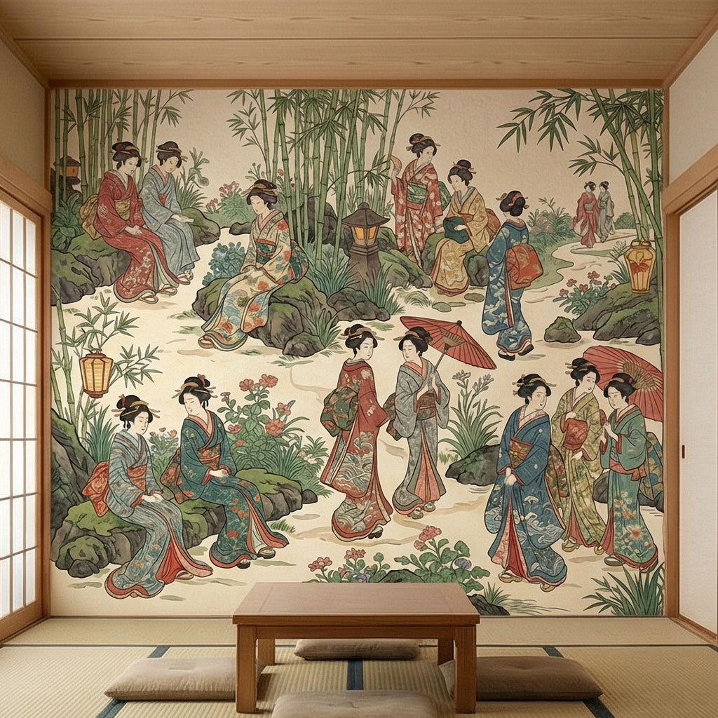 Vintage Japanese Peel and Stick Wall Mural, Geisha Garden Scene, Bamboo Chinoiserie Style, Antique Oriental Wallpaper