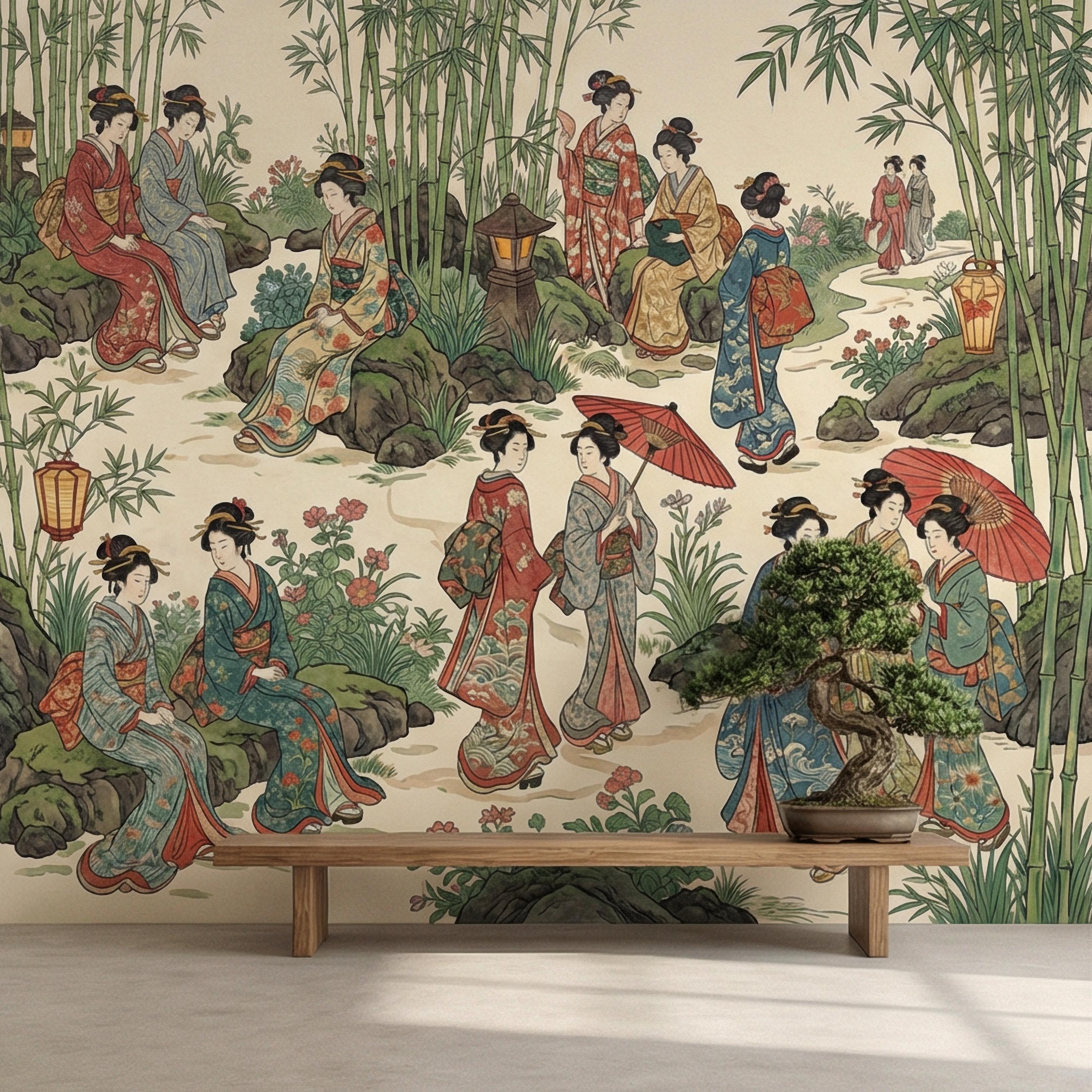 Vintage Japanese Peel and Stick Wall Mural, Geisha Garden Scene, Bamboo Chinoiserie Style, Antique Oriental Wallpaper