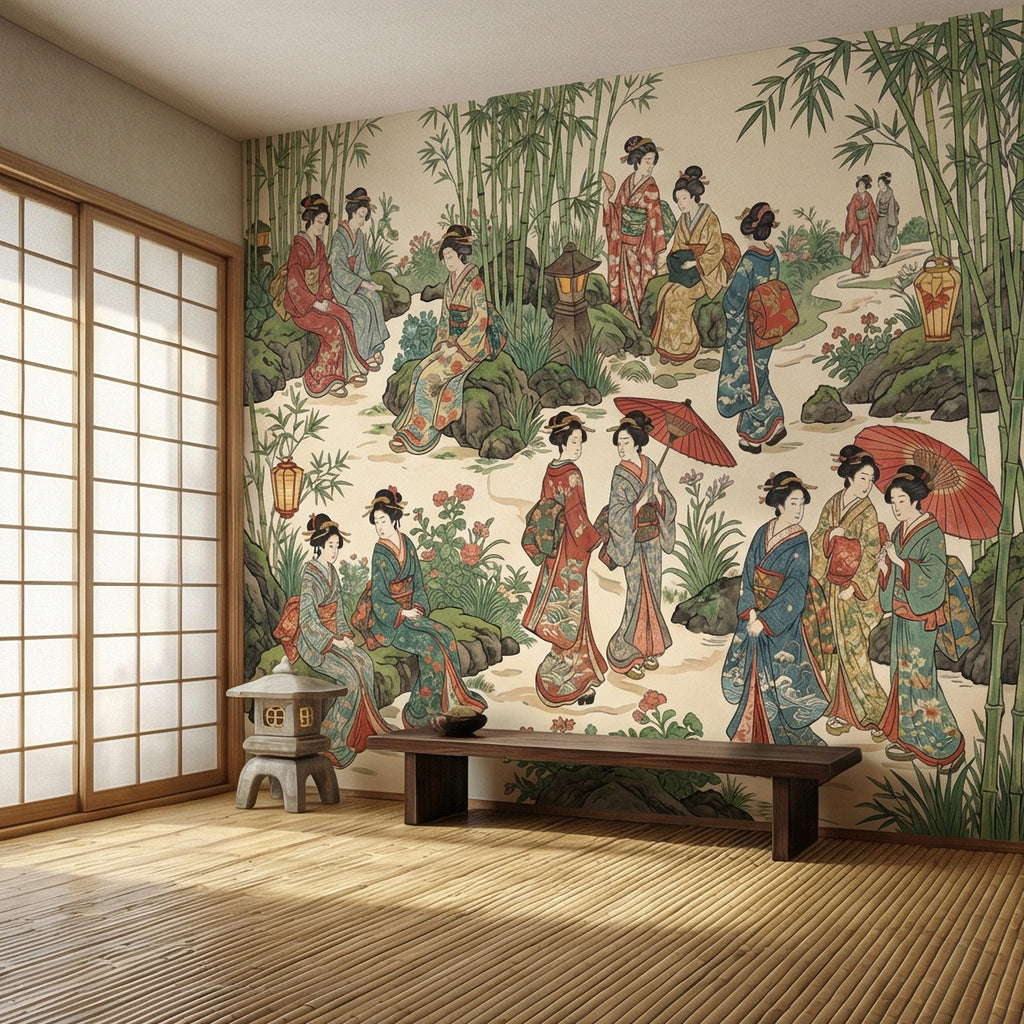 Vintage Japanese Peel and Stick Wall Mural, Geisha Garden Scene, Bamboo Chinoiserie Style, Antique Oriental Wallpaper