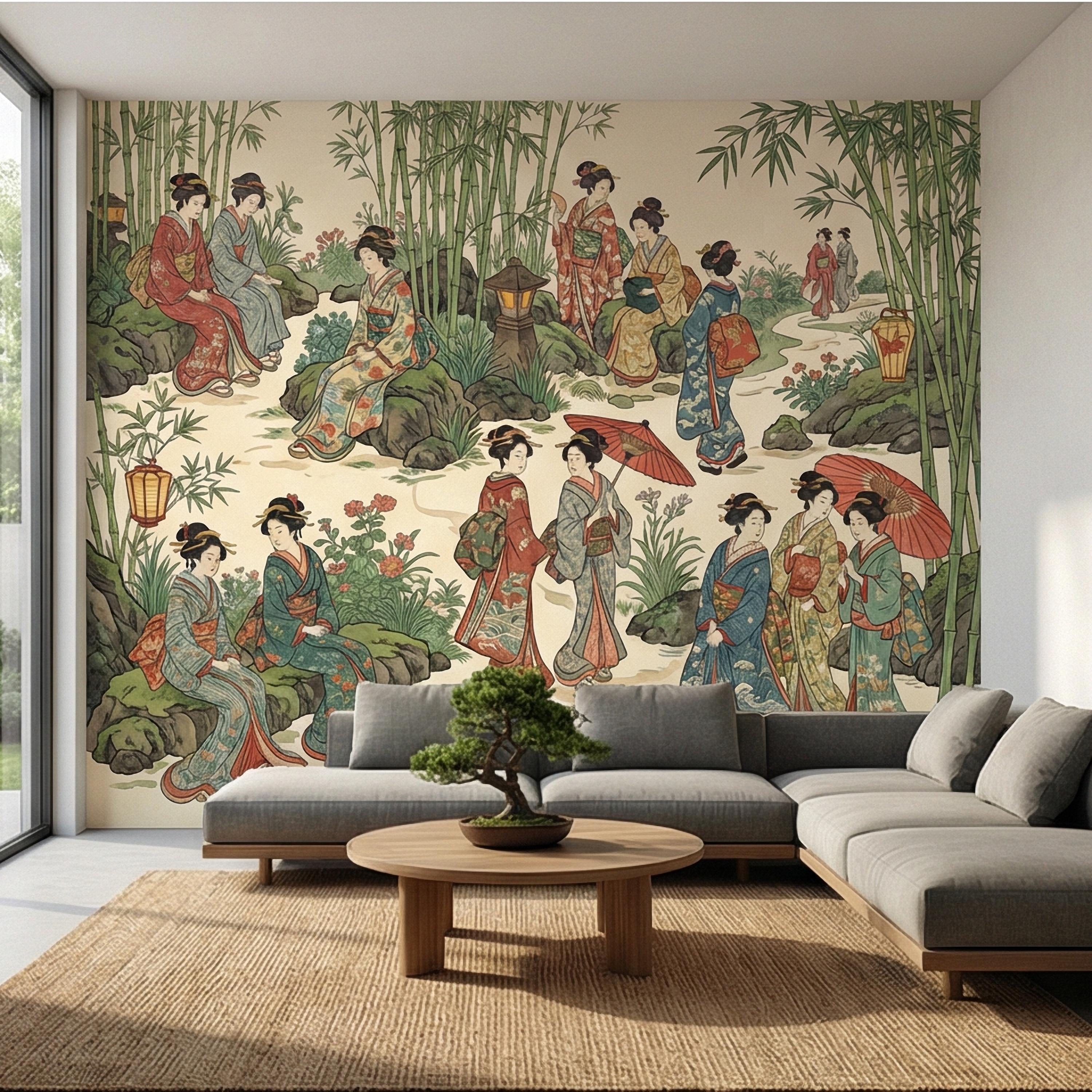 Vintage Japanese Peel and Stick Wall Mural, Geisha Garden Scene, Bamboo Chinoiserie Style, Antique Oriental Wallpaper